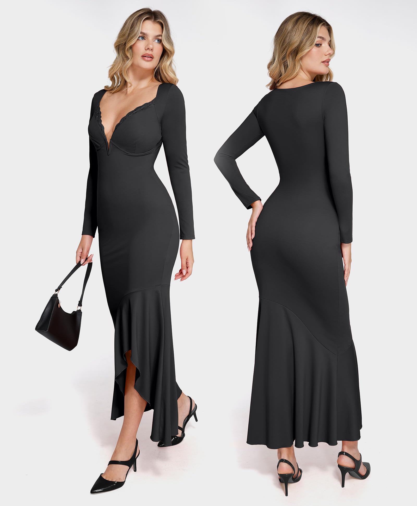 Popilush Women's Long Sleeve Cocktail Dress with Shapewear | Tummy Control Party Gown | Deep V Neck Lace Mermaid Maxi Dress for Evening Events, Weddings & Special Occasions