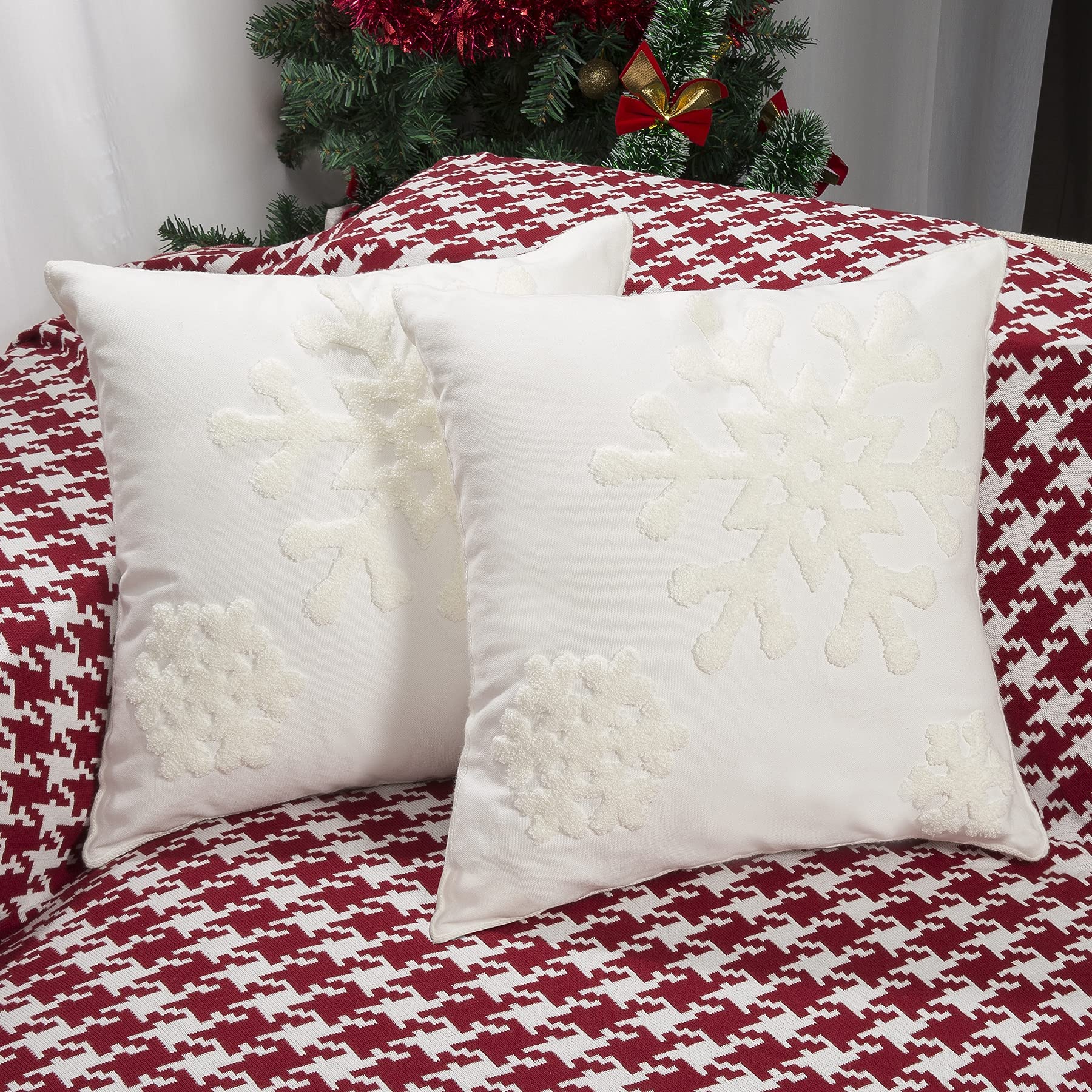 Christmas Pillow Covers Set of 2 - 18x18 Inch Embroidery Snowflake Throw Pillow Covers, Decorative Cotton Linen Cushion Cases for Sofa, Bed & Home Decor (White) - Perfect for Holiday Decorations, Winter Home Styling and Cozy Seasonal Ambiance