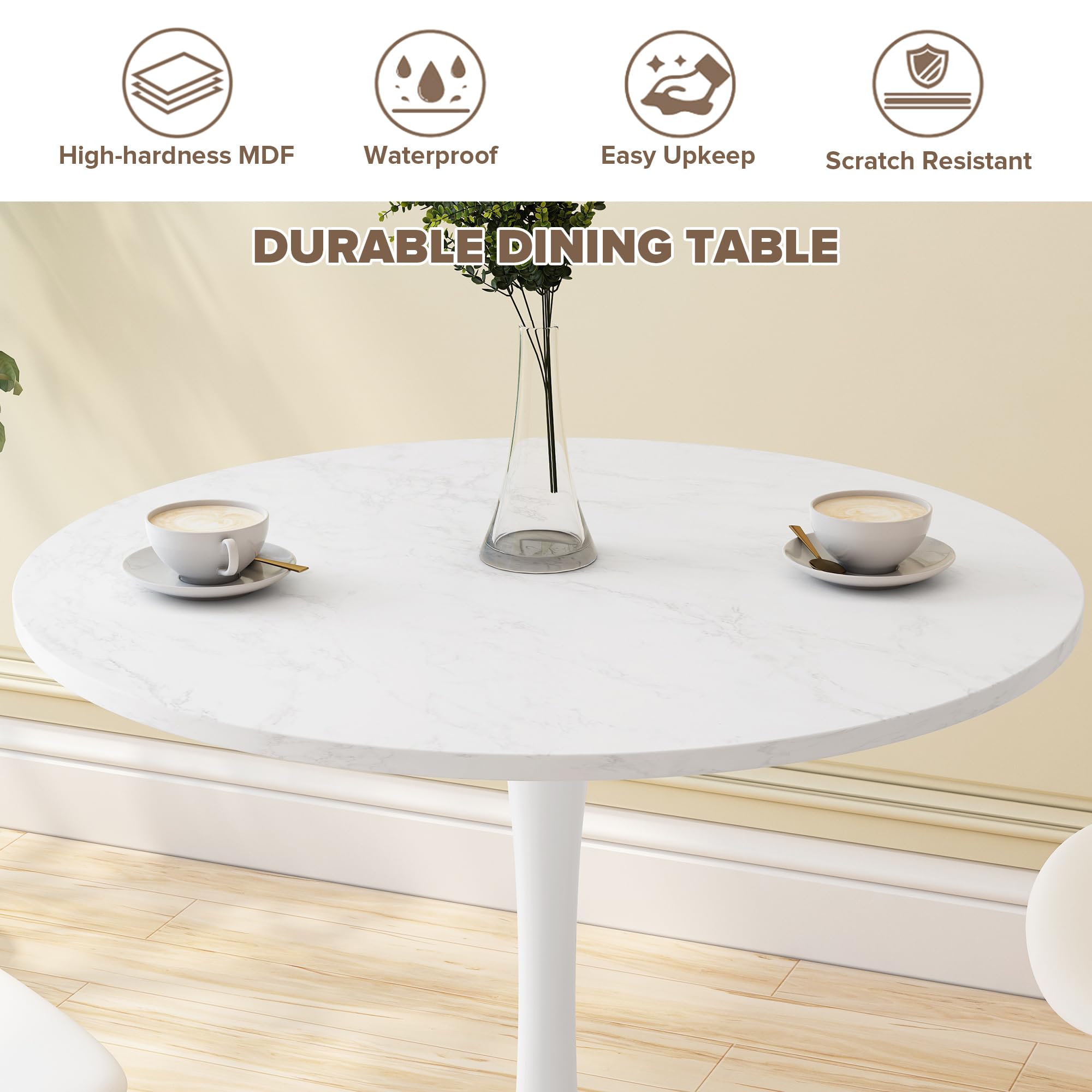 31.5 Inch Round Dining Table - Mid-Century Tulip Table with Sturdy Metal Pedestal Base | Modern Space-Saving Kitchen Table | Easy Assembly Marble Top White Finish | Perfect for Small Apartments & Cozy Dining Rooms