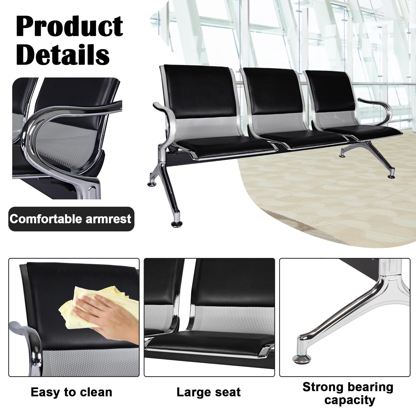 kinbor PU Leather Waiting Bench - Comfortable Seating for Barbershops, Salons, Lobbies - Perfect for Airport, Bank, Hospital Waiting Areas - Durable & Stylish Reception Chairs