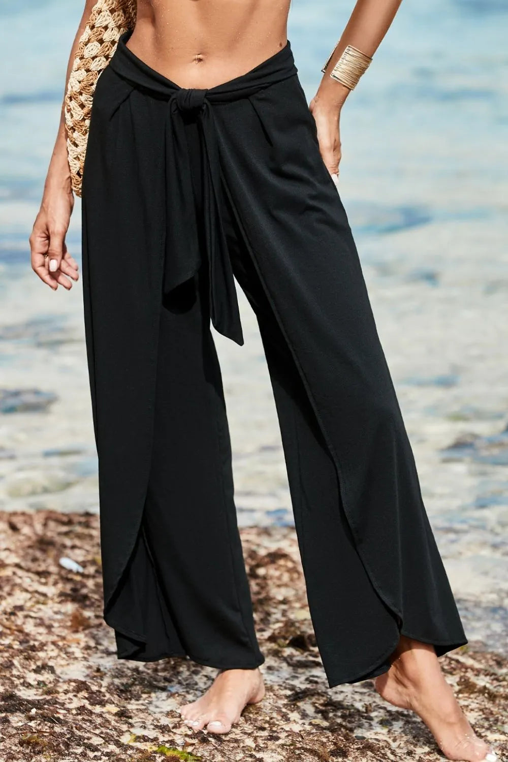 Women's Knotted Waist Split Leg Relaxed Lounge Pants - Comfortable Stretchy Yoga Pants for Home, Travel & Casual Wear