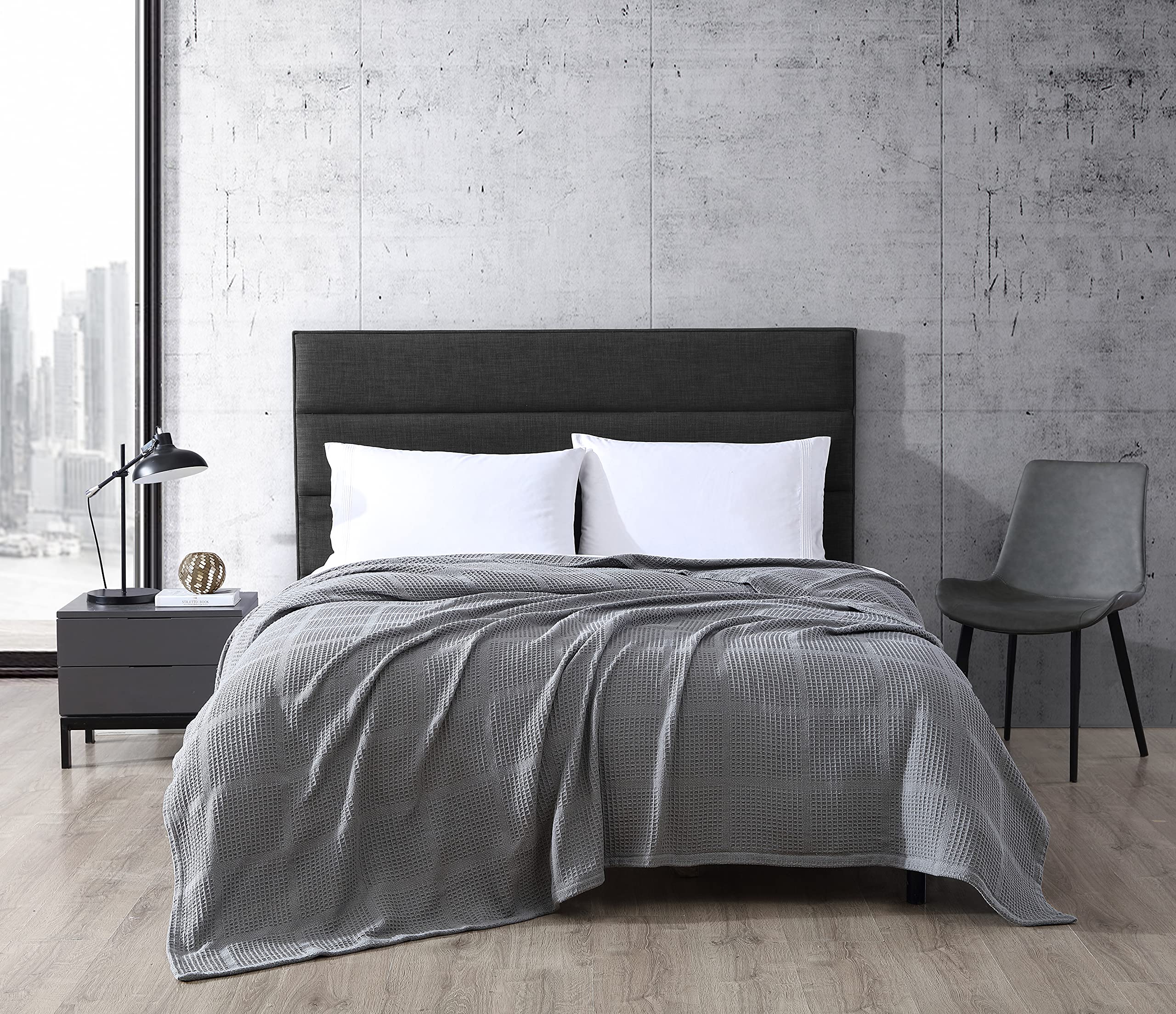 Kenneth Cole King Size Cotton Waffle Blanket - Lightweight All-Season Bedding for Home, Travel & Gifts (Medium Grey, King) | Cozy Throw for Sofa, Bed & Outdoor Use