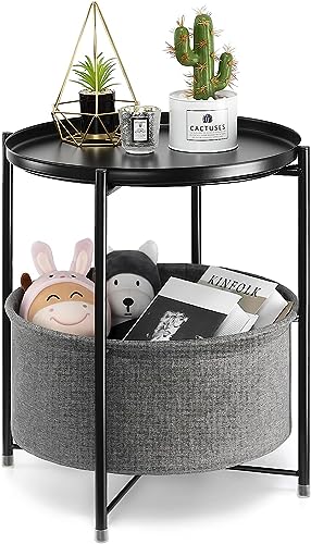 Jukmen Round Metal Side Table with Fabric Storage Basket & Removable Tray Top - Small Nightstand for Bedroom, Living Room, Nursery, Laundry - Perfect for Storing Books, Remote Controls & Bedside Essentials (Black)