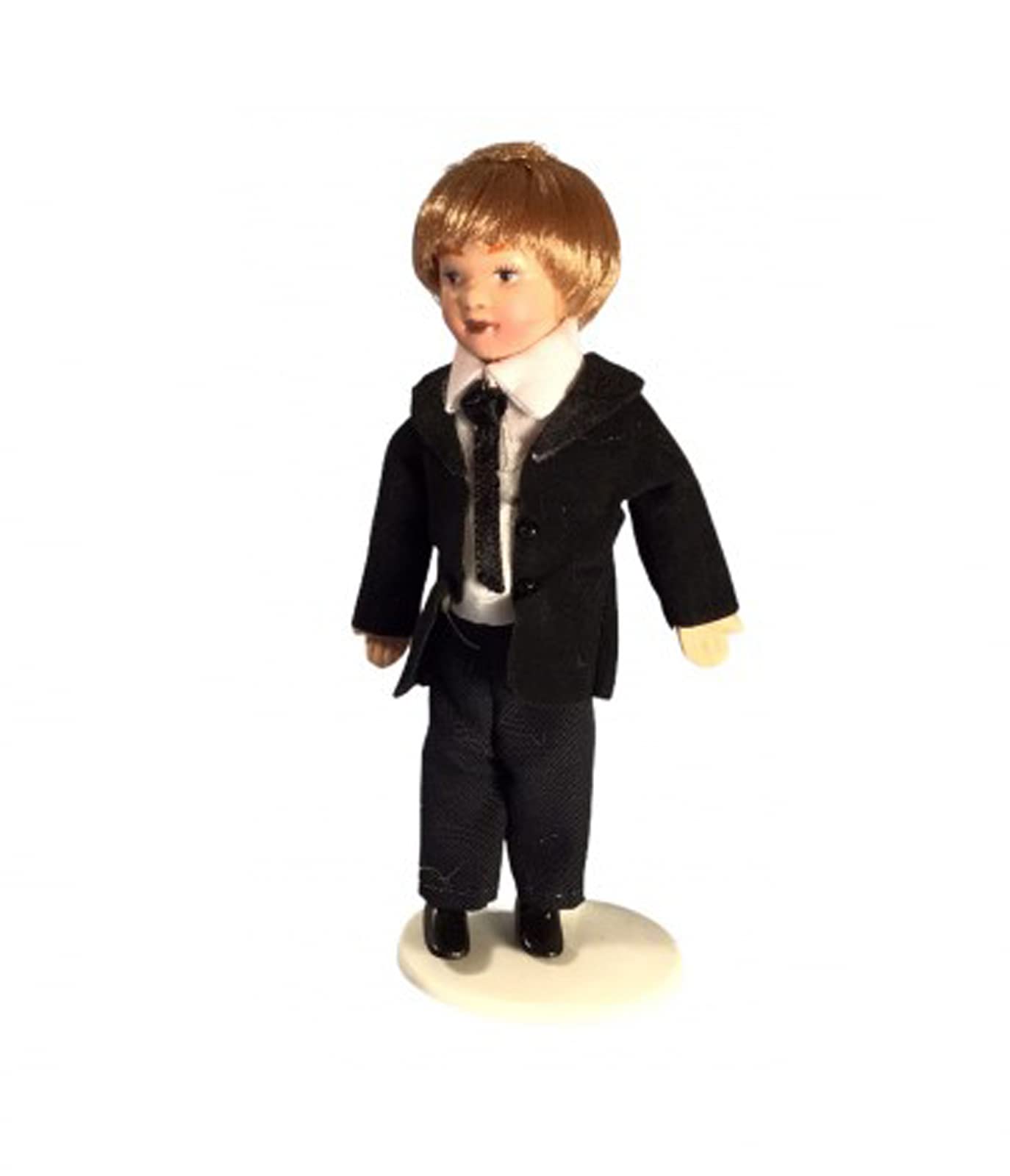 Melody Jane Dollhouse Smart Little Boy in Black Suit - 1:12 Scale Porcelain Doll for Miniature Collectors - Perfect for Dollhouse Displays, Themed Collections & Gift Giving