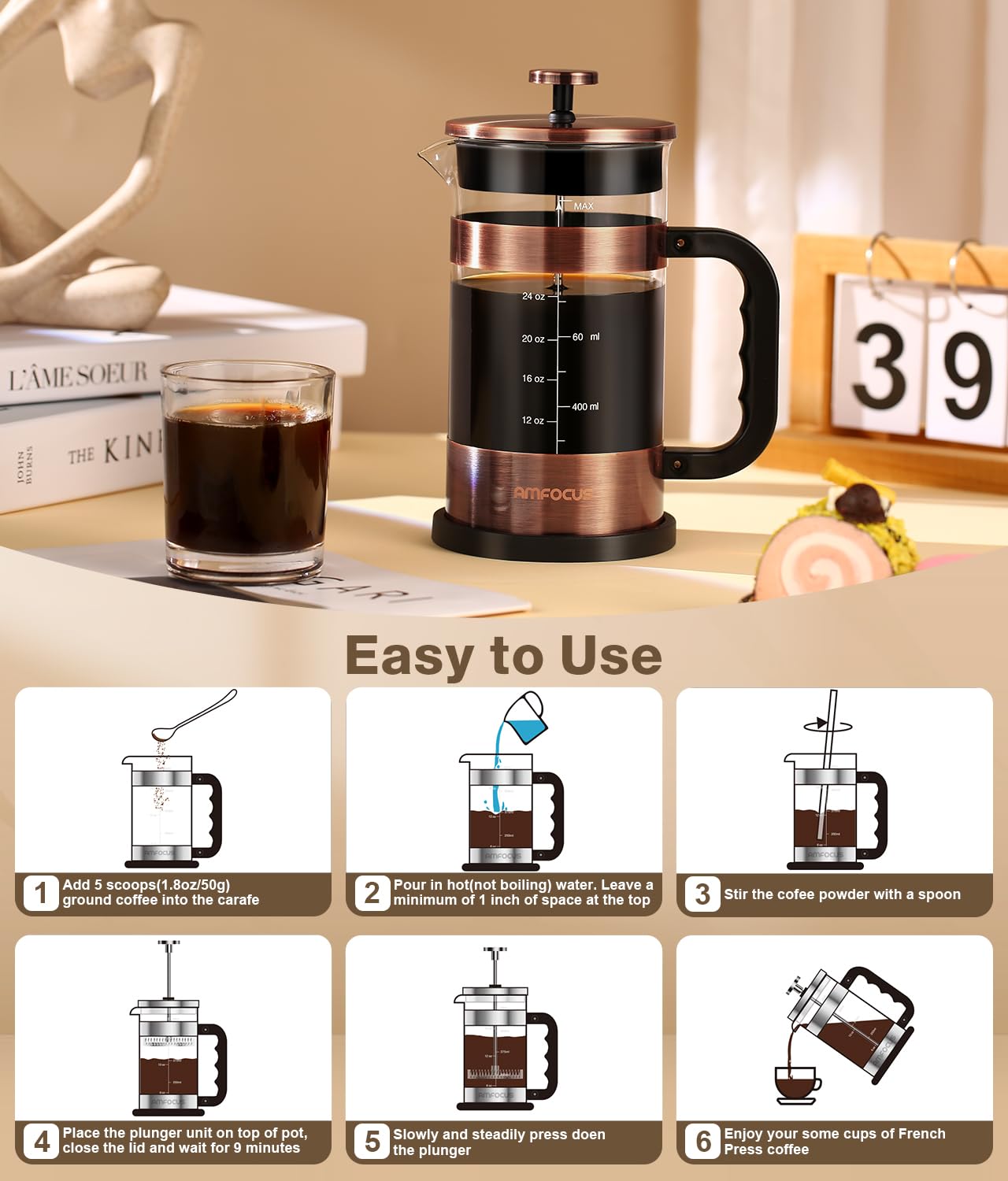 Premium French Press Coffee Maker - 34oz Stainless Steel Coffee Press with 4-Stage Filtration, Heat-Resistant Borosilicate Glass - Ideal for Home, Office, Camping & Travel Gifts