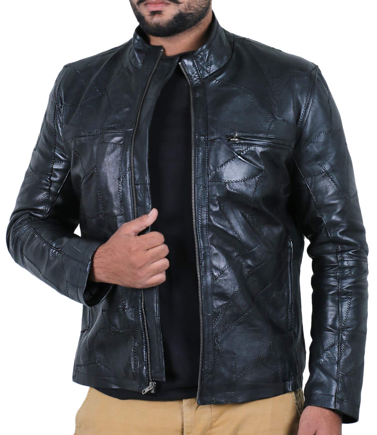 Laverapelle Men's Genuine Lambskin Leather Jacket with Patchwork Design - Black Racer Style for Motorcycle Riding & Casual Outfits