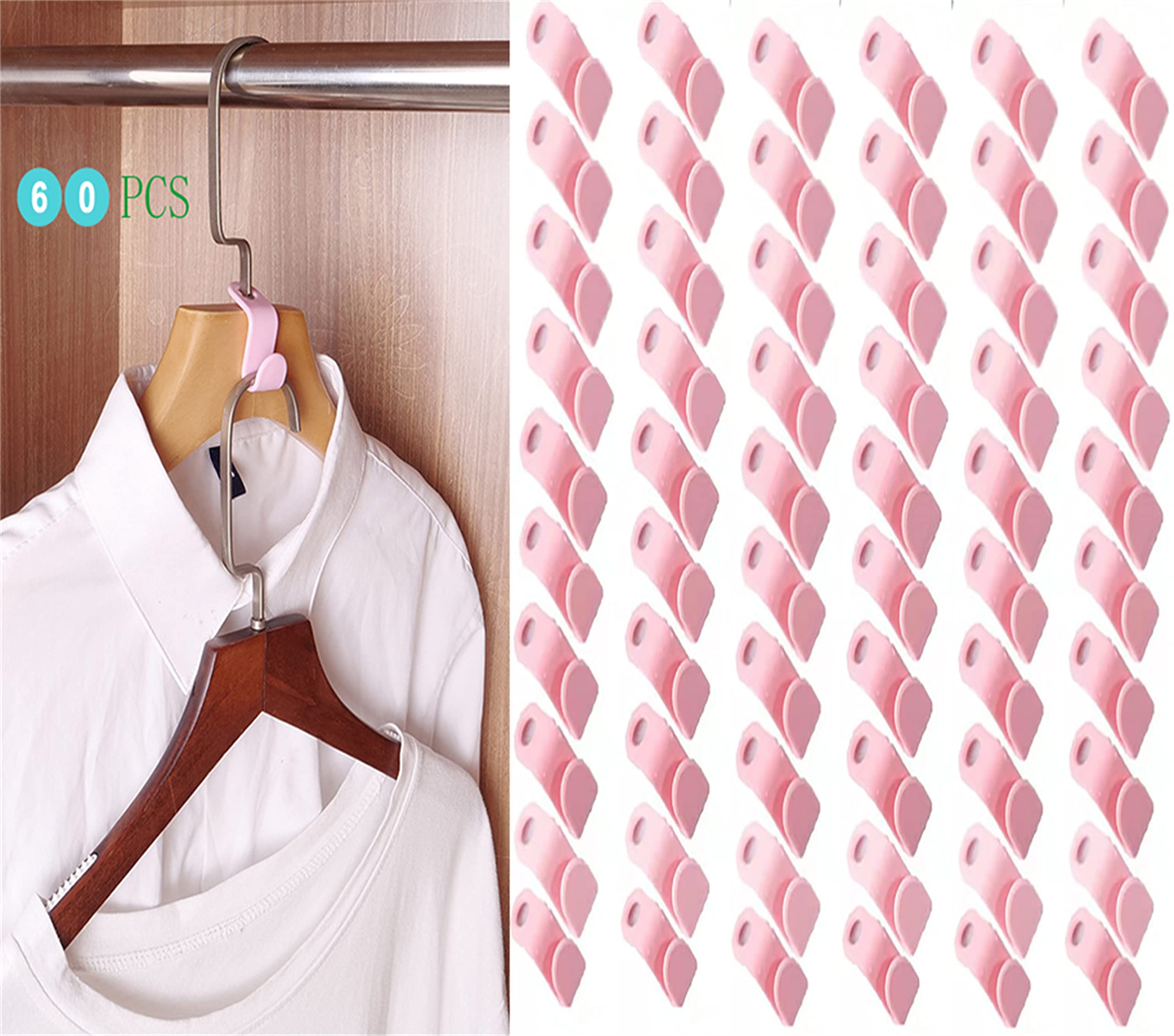 HUAFEI 60 Pcs Plastic Hanger Connector Hooks - Space Saving Closet Organizer for Home & Clothing Stores, Pink (2.16 x 0.79 x 1.2 inches) - Perfect for Maximizing Wardrobe Space & Retail Display Organization