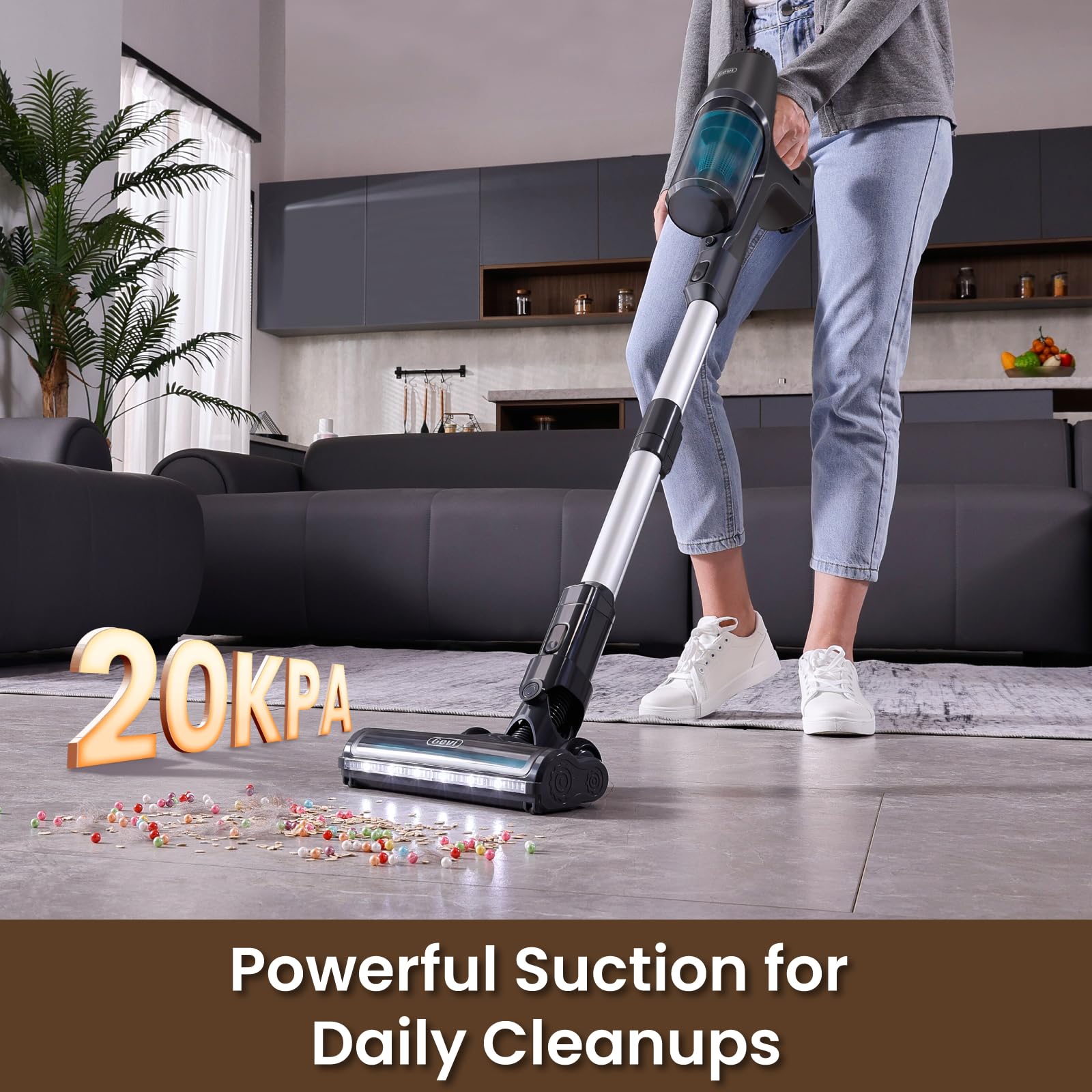20KPa Powerful Cordless Stick Vacuum Cleaner - 45 Min Runtime, 6-in-1 Lightweight Design for Hard Floors, Carpets & Pet Hair - Ideal for Home Cleaning & Pet Owners (Grey)