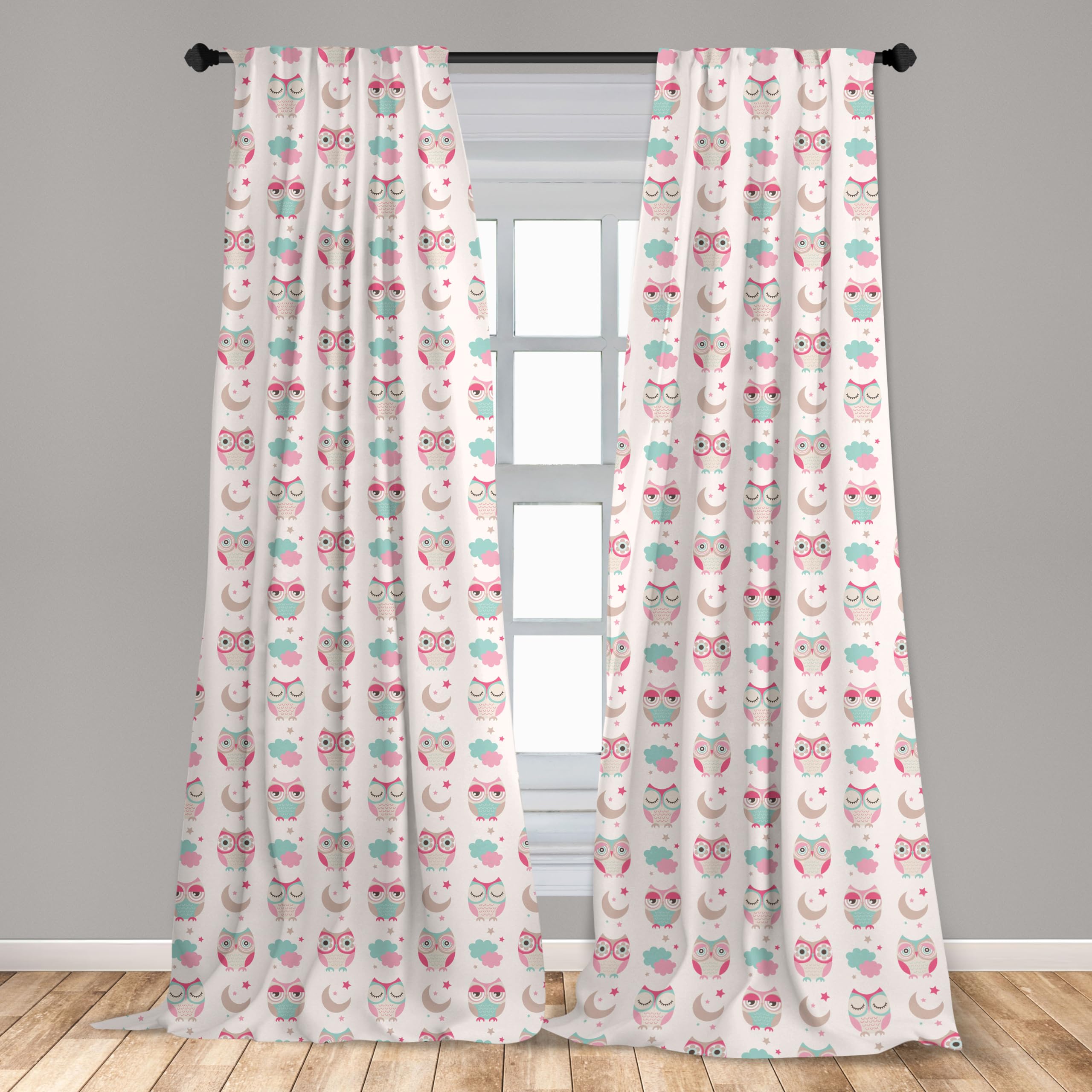 Ambesonne Owl Cartoon Blackout Curtains - 2 Panel Set with Crescent Moon & Stars Design, 56