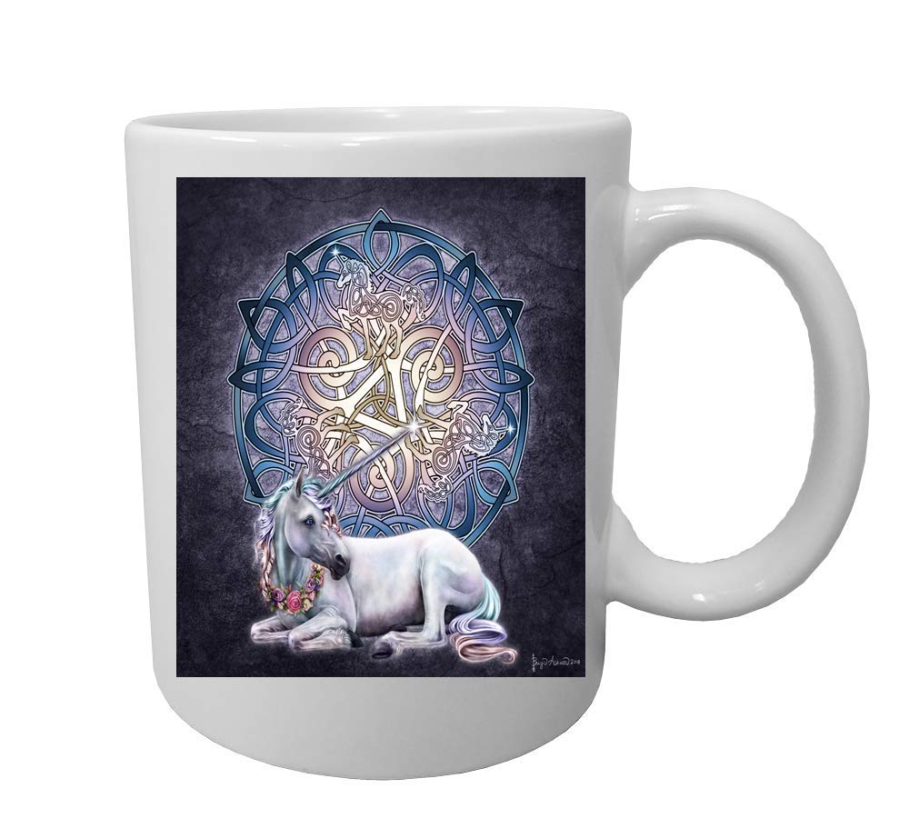 Celtic Unicorn 15oz White Ceramic Coffee Mug - Whimsical & Practical Design for Tea, Hot Chocolate, or Office Use - Perfect Gift for Unicorn Lovers