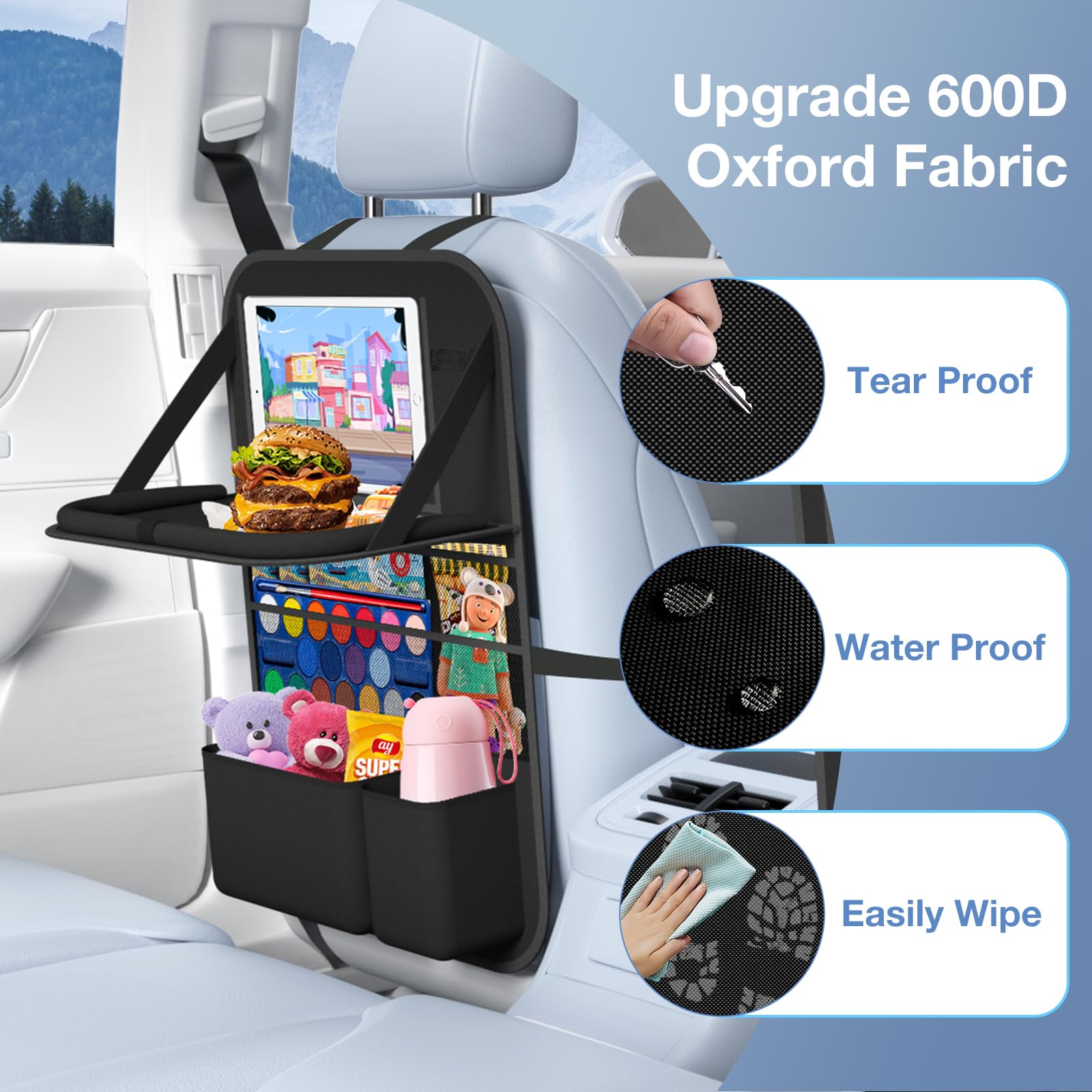 Car Backseat Organizer with Table Tray - 9 Storage Pockets & Tablet Holder for Kids Road Trips, Travel Essentials - Perfect for Family Vacations & Long Drives (1 Pack)