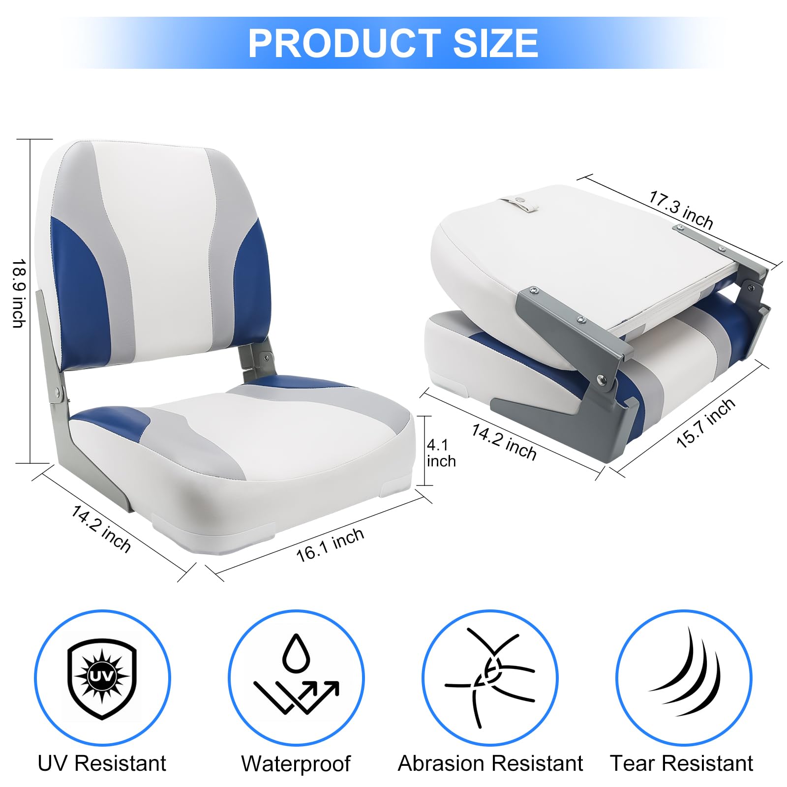 **Low Back Folding Boat Seat 2-Pack – Waterproof Portable Fishing Boat Chairs for Cabin & Deck – Light Grey/Blue/White – Ideal for Fishing, Boating & Outdoor Adventures**