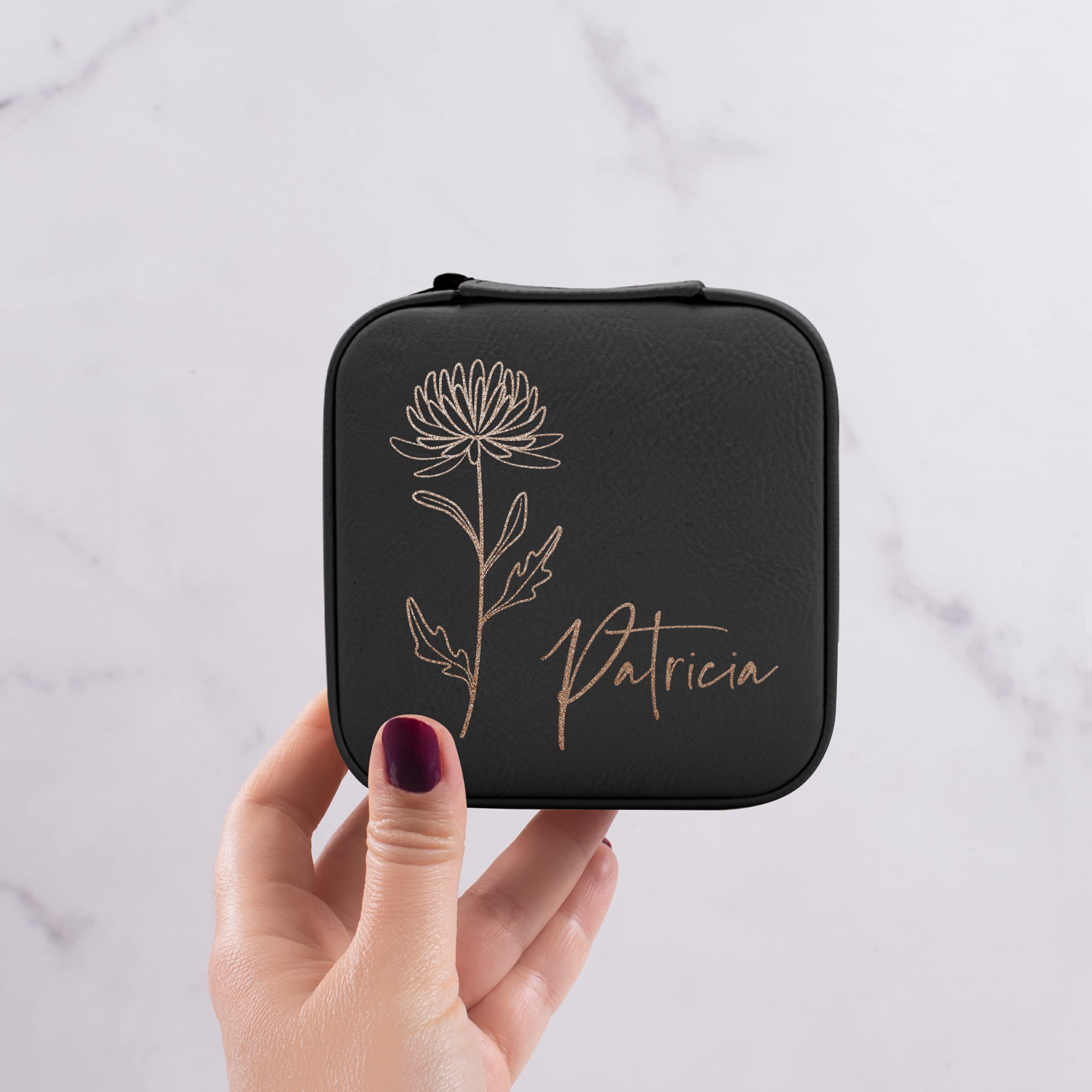 Personalized Leather Jewelry Box with Custom Name & Birth Flower - Engraved Jewelry Organizer for Women | Birthday Gift for Mom, Wife, Girlfriend | Travel Jewelry Case, Anniversary Present - Perfect for Valentine's Day, Mother's Day & Special Occasions (Black)