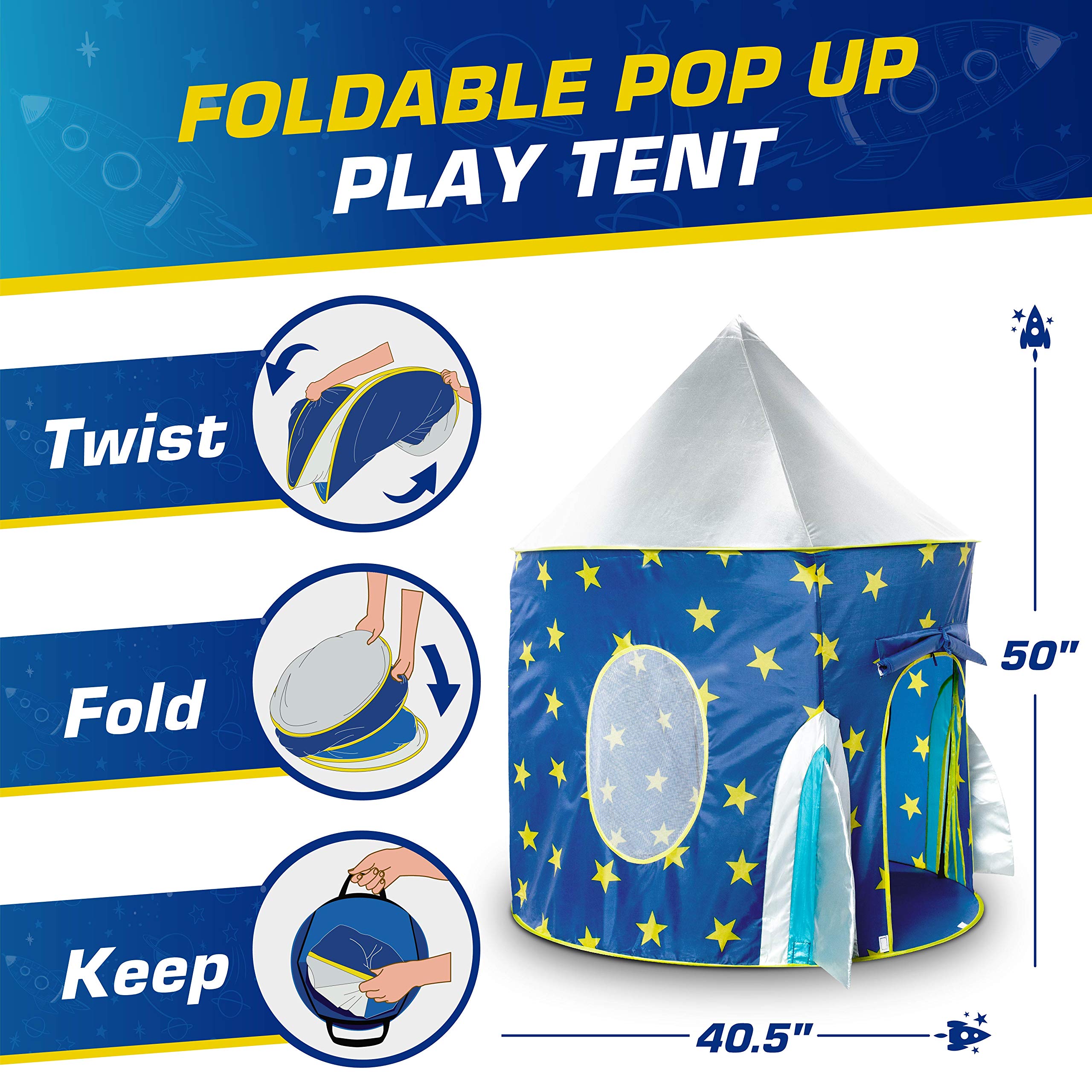 USA Toyz Rocket Ship Pop Up Kids Tent - Indoor Playhouse for Boys & Girls with Space Projector Toy & Carry Bag | STEM Learning Toy, Birthday Gift, Imaginative Play Space for Bedrooms & Playrooms