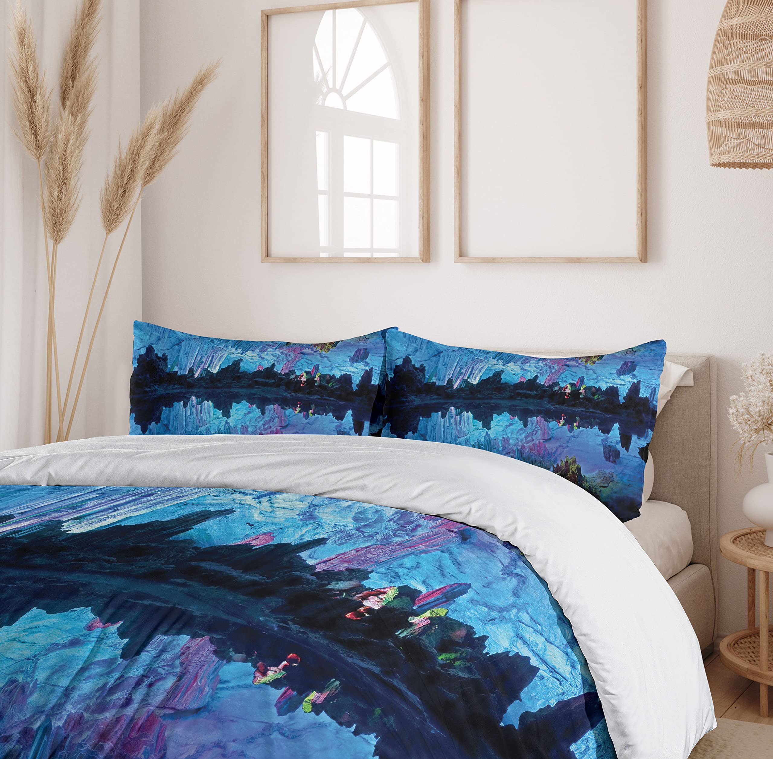 Ambesonne Natural Cave Duvet Cover Set - Reed Flute Cistern Crystal Palace Mystical Space Print 3-Piece Bedding Set with 2 Pillow Shams, California King Size, Blue | Cave-Themed Bedroom Decor for Fantasy & Nature Lovers