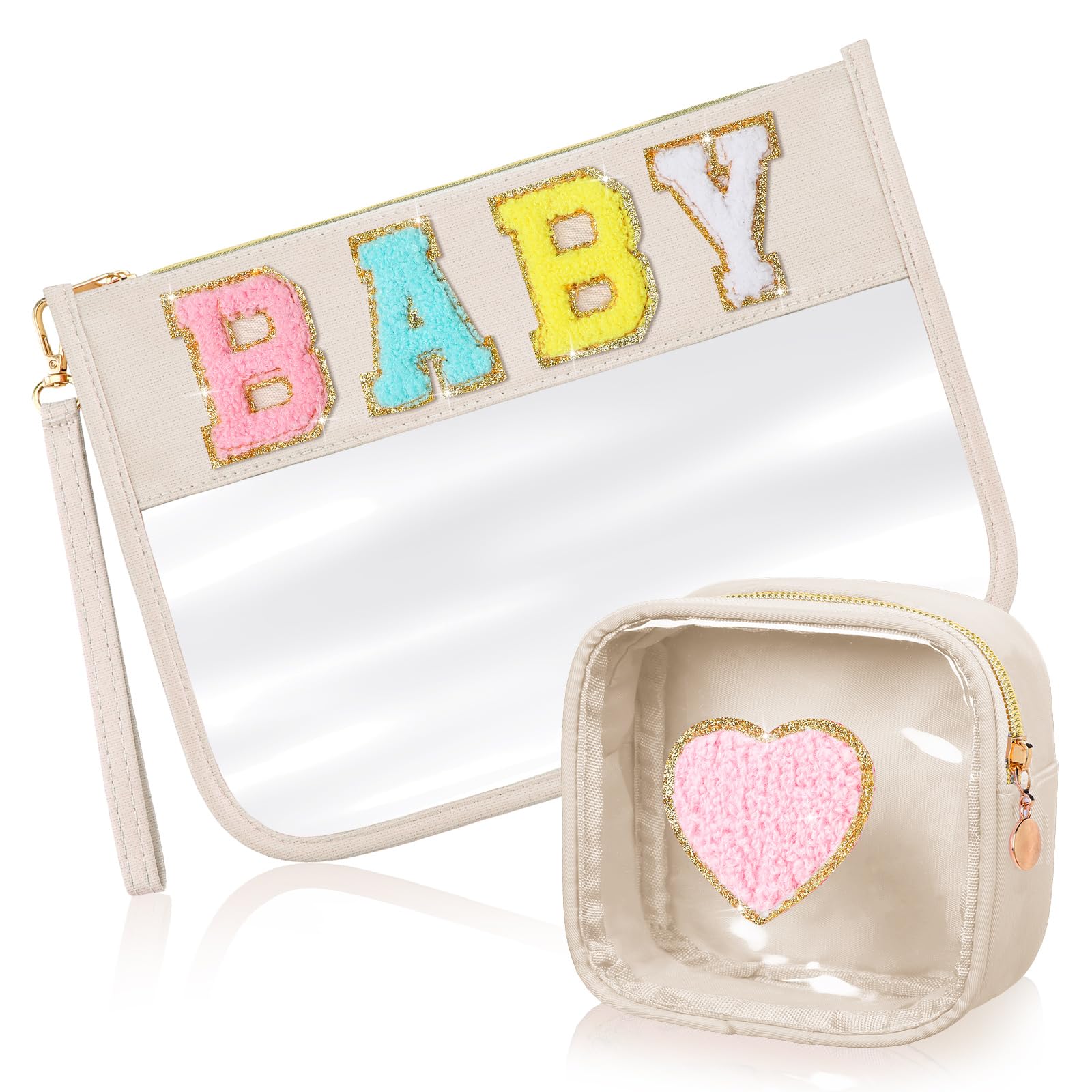 Hillban 2-Piece Baby Travel Bag Set - Soft Chenille Letter Cosmetic Makeup Bags, Waterproof Toiletry Storage Organizer for Women & Moms (Baby Theme) - Perfect for Diaper Essentials, Baby Showers & On-the-Go Parenting