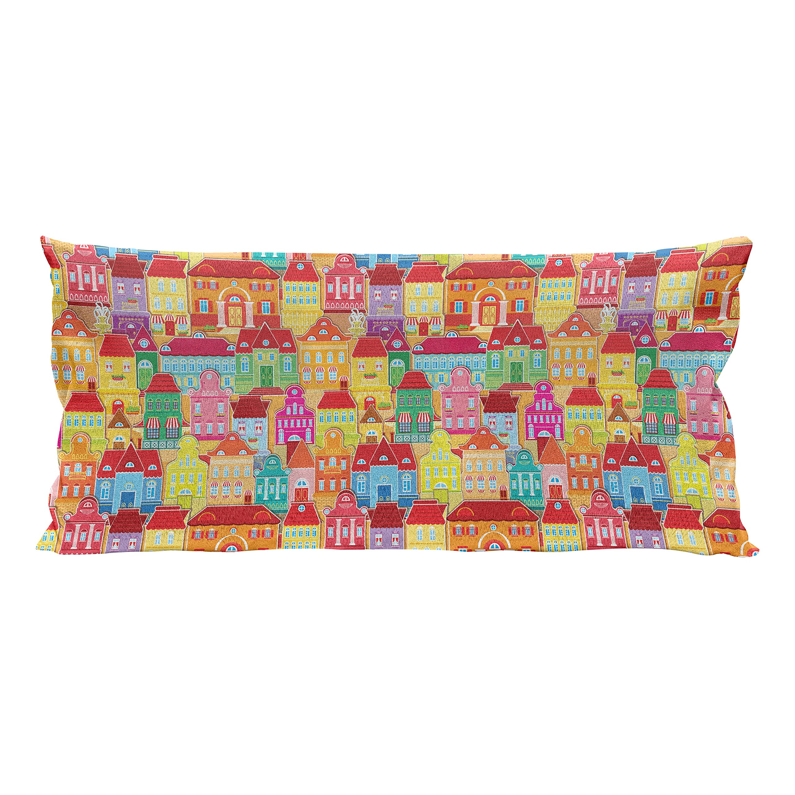 Ambesonne Cityscape Cartoons Throw Pillow Cover 36x16 Inches - European Architecture Art Houses with Pillars & Fountains Urban View - Decorative Rectangle Accent Cushion Case Multicolor - Perfect for Living Room Sofa, Bedroom Decor & Home Office Styling