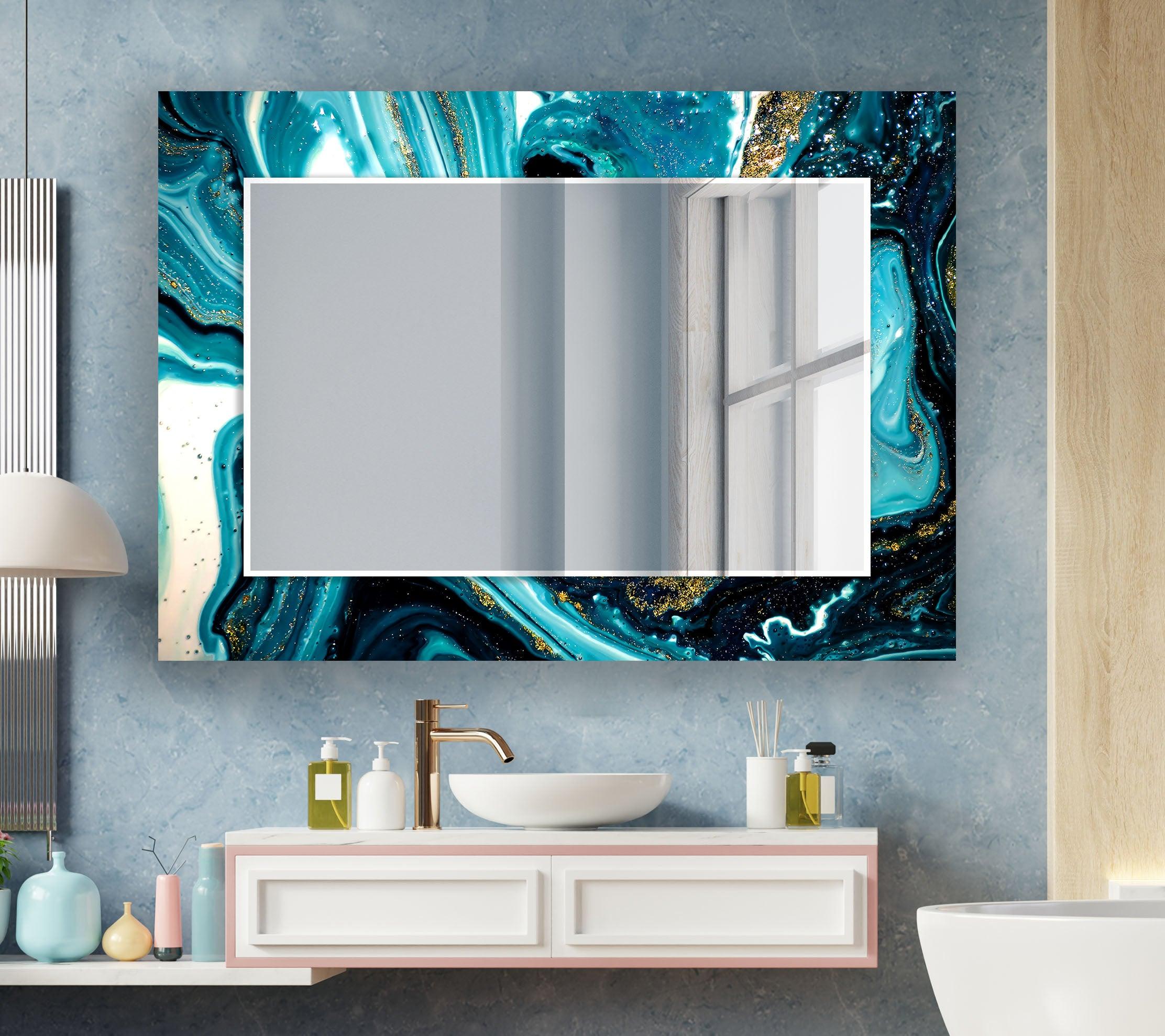 Stylish Blue and White Epoxy Wall Mirror - Modern Decorative Bathroom & Bedroom Vanity Mirror - Perfect for Home Decor, Dressing Areas, and Interior Design Accents