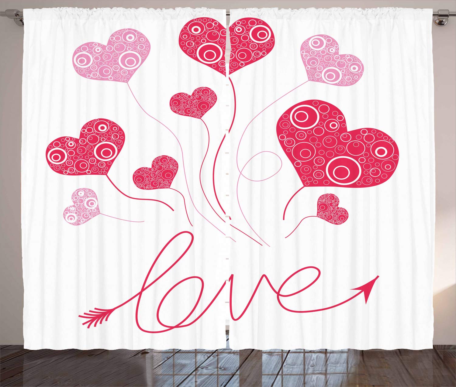 Ambesonne Love Heart Balloon Print Curtains - 2 Panel Set, 108x84 Inches, Magenta Rose White - Romantic Retro Drapes for Living Room & Bedroom Windows | Perfect for Valentine's Day Decor, Anniversary Parties & Boho Home Decor