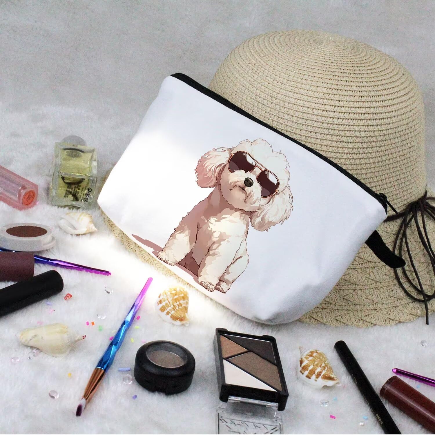 Funny Bichon Frise Makeup Bag - Small Organizer Toiletry Pouch with Zipper - Cute Cartoon Sunglasses Design - Perfect Cosmetic Bag Gift for Bichon Lovers & Dog Moms - Great for Travel, Gym & Daily Makeup Storage