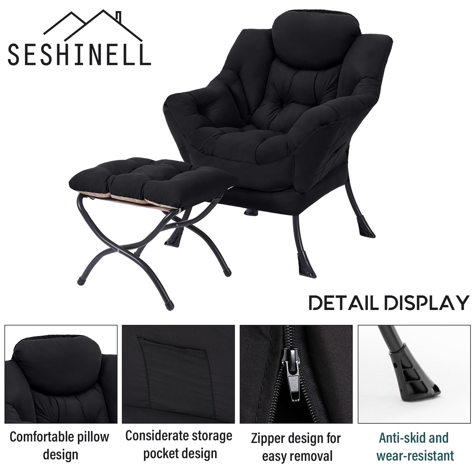Modern Lazy Chair with Ottoman - Contemporary Lounge Accent Chair with Armrests & Folding Footstool Set - Comfortable Reading Chair for Living Room, Bedroom, Office - Perfect for Relaxing, Napping & Leisure Time (Black)
