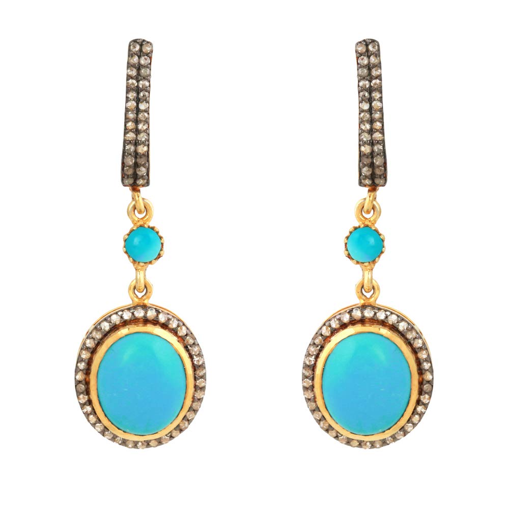 14K Gold Plated 925 Sterling Silver Dangle Earrings with Oval Turquoise & 0.95ct Natural Brown Diamond (I2-I3) - Elegant Jewelry for Women, Perfect for Parties, Weddings & Special Occasions