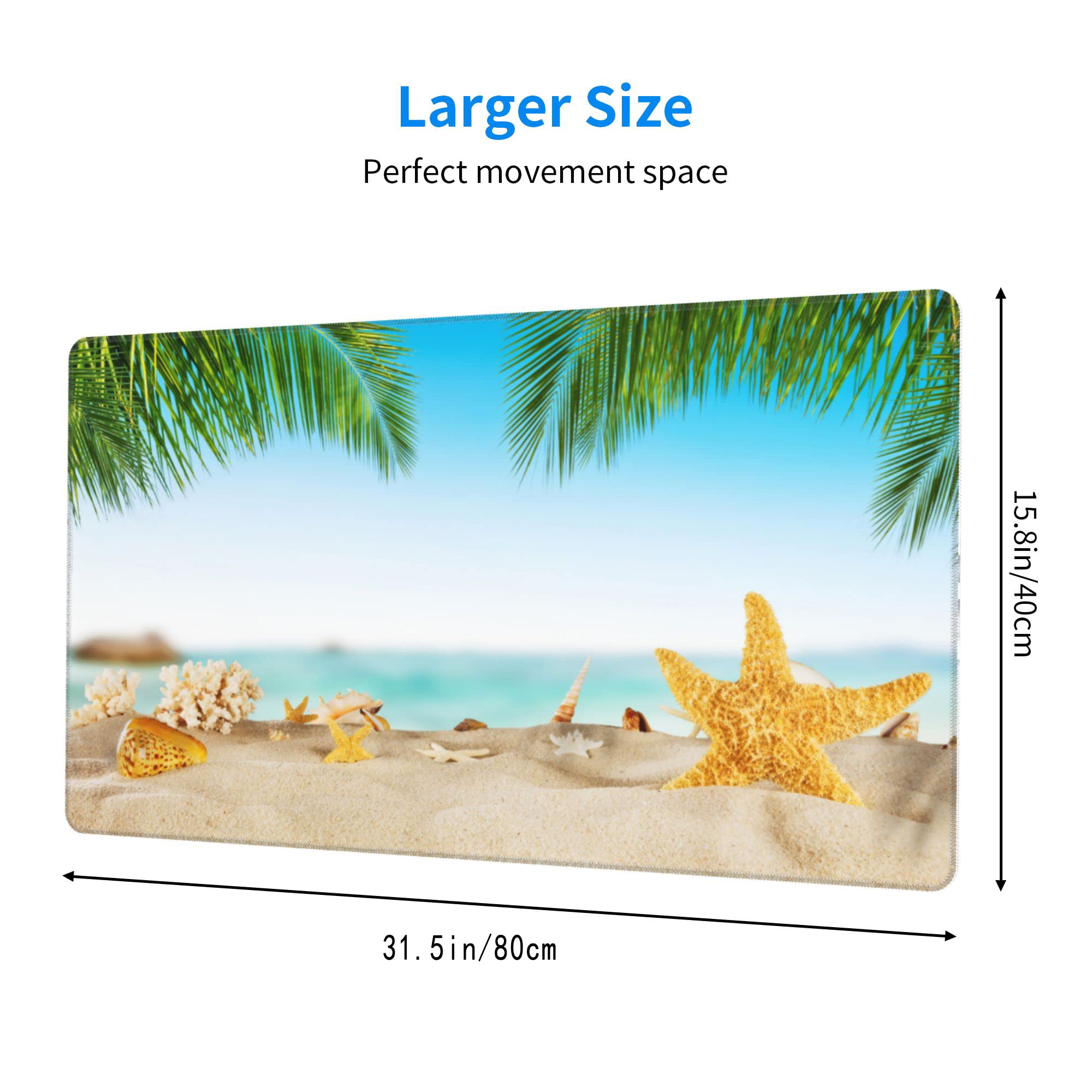 Premium Large Gaming Mouse Pad with Non-Slip Rubber Base - 31.5x15.7 Inch Extended Desk Mat Featuring Beach Starfish Shells Design & Stitched Edges - Perfect for Office Work, PC Gaming, and Computer Use - Ideal for Home Office, Gaming Setup, and Workspace Organization