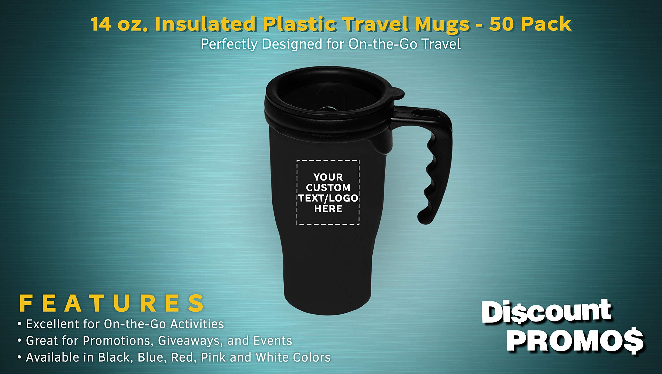Custom 14 oz. Insulated Plastic Travel Mugs - 50 Pack with Personalized Text & Logo - Black - Perfect for Corporate Gifts, Promotional Events & Office Use