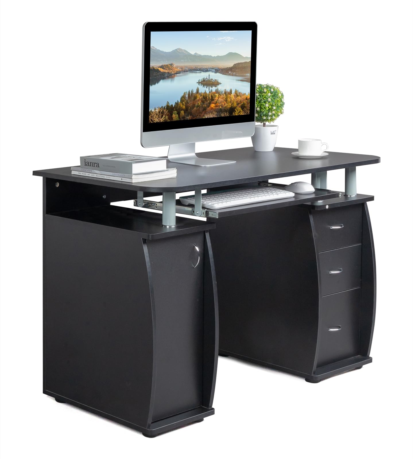 Karl Home Computer Desk with Drawers & Storage Cabinet - Small Office Desk PC Laptop Workstation for Home Office, Studio & Apartment - Black | Compact Writing Table for Remote Work, Online Classes & Gaming Setup