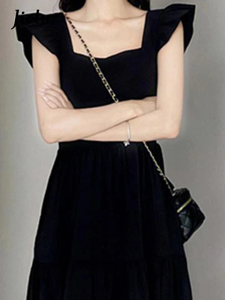 Elegant Black Ruffles Sleeveless Chiffon Dress for Women - Summer Solid Color Square Neck Evening Gown | Perfect for Cocktail Parties, Weddings & Formal Occasions