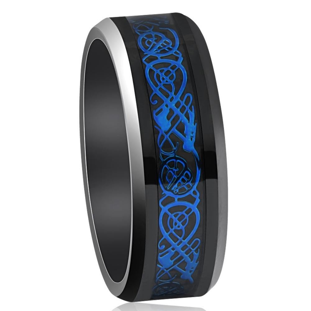 Men's Blue Dragon Black Tungsten Ring - 8mm Comfort Fit Wedding Band for Men - Durable & Scratch Resistant - Perfect for Engagement, Anniversary & Everyday Wear
