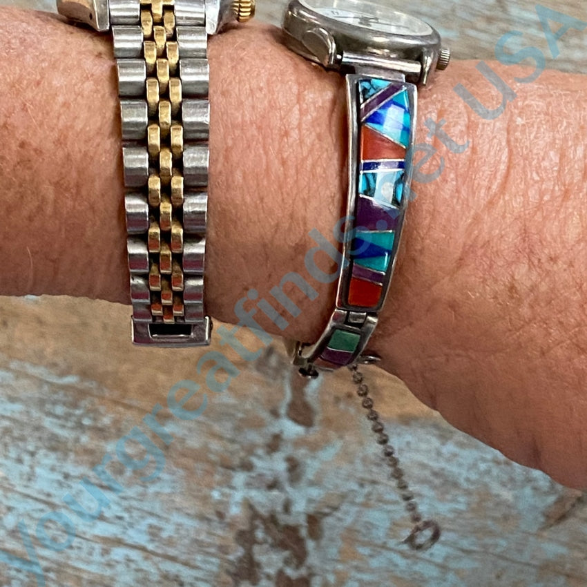 Vintage Navajo Sterling Silver Watch Band with Channel Inlay by Earl Plummer - Handcrafted Jewelry for Men & Women, Perfect for Western & Boho Fashion