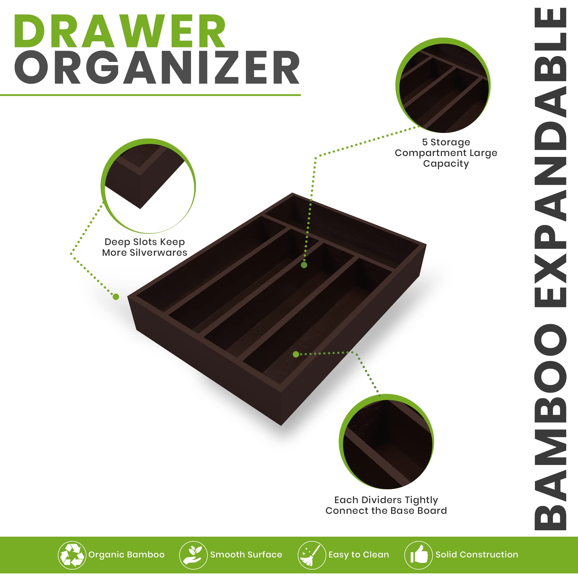 Utopia Kitchen Bamboo Silverware Organizer - 5 Compartment Drawer Tray for Cutlery, Utensils & Flatware (Brown) | Perfect for Kitchen Drawer Organization & Dining Table Storage | Pack of 1