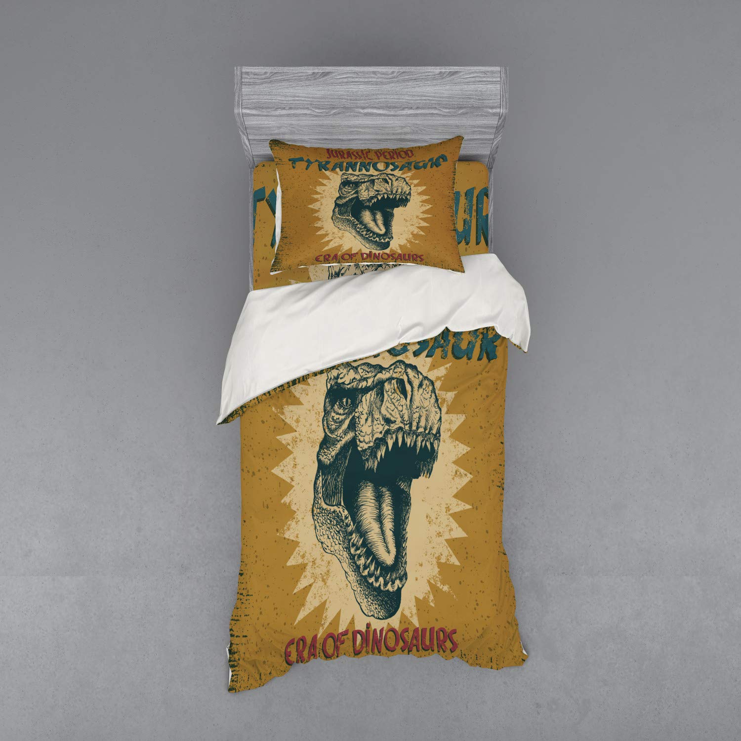 Ambesonne Retro Dinosaur Bedding Set - 3 Piece Duvet Cover with Sham & Fitted Sheet, Twin Size, Pale Coffee - Vintage Grunge Style Tyrannosaur Jurassic Fossil Print - Perfect for Kids' Rooms, Dorm Decor or Jurassic Theme Bedrooms