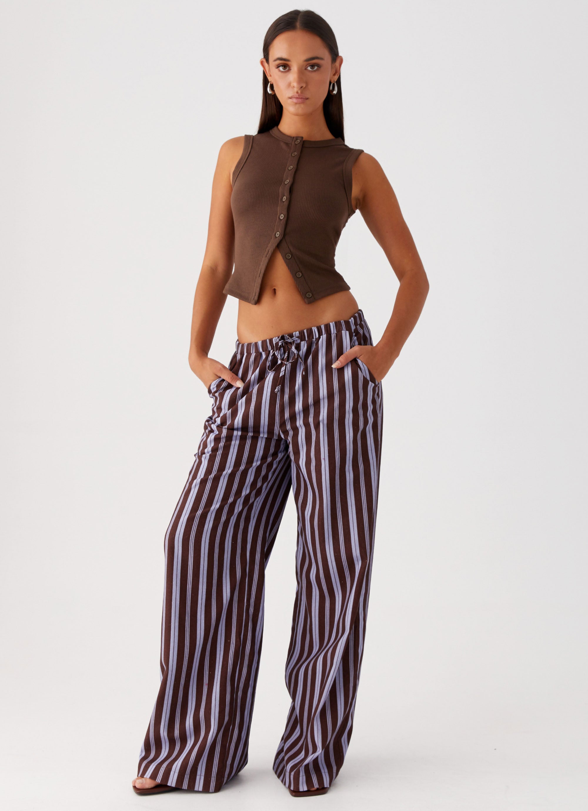 Fresh Face Linen Pants for Women - Soft & Breathable Purple Brown Striped Lounge Pants - Perfect for Yoga, Travel & Summer Comfort