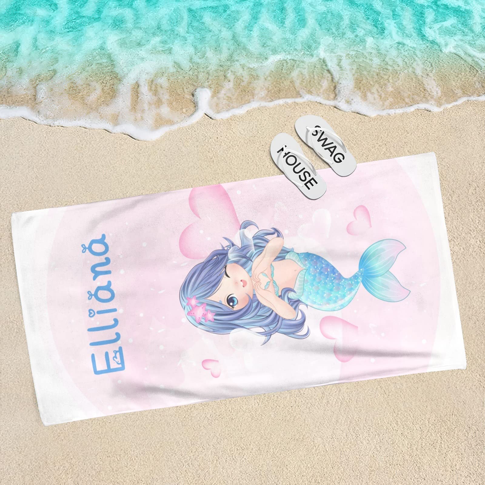 Dr.TOUGH Personalized Kids Beach Towels - Custom Name Mermaid Beach Towels for Girls, Soft Microfiber Quick Dry Towel (Mermaid Design) - Perfect for Pool, Beach, Vacation & Summer Activities