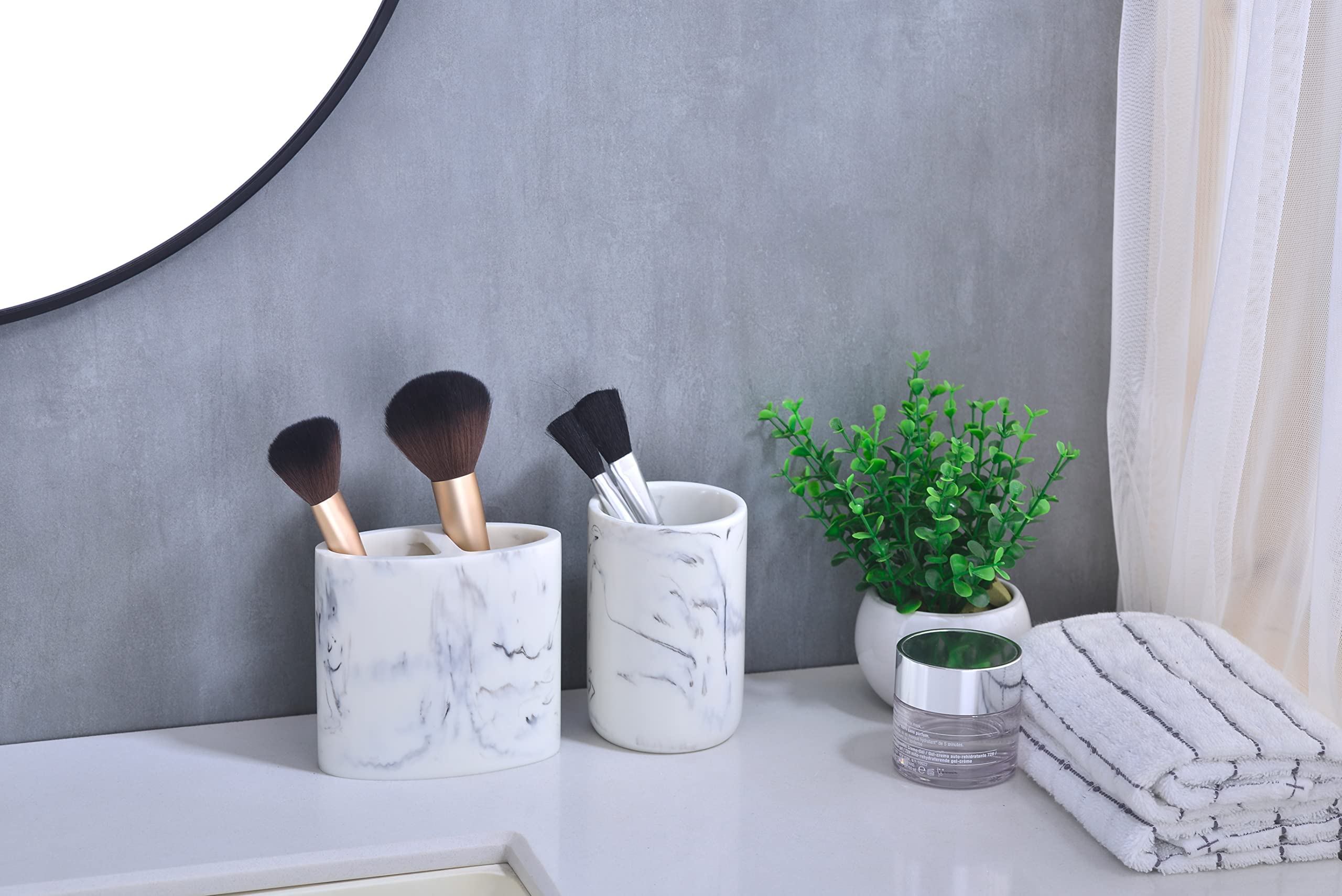 White Marble Look Resin Bathroom Tumbler Cup - Multifunctional Toothbrush & Toothpaste Holder, Pencil Organizer for Bathroom Countertop | Stylish Vanity Accessory for Modern Home Decor