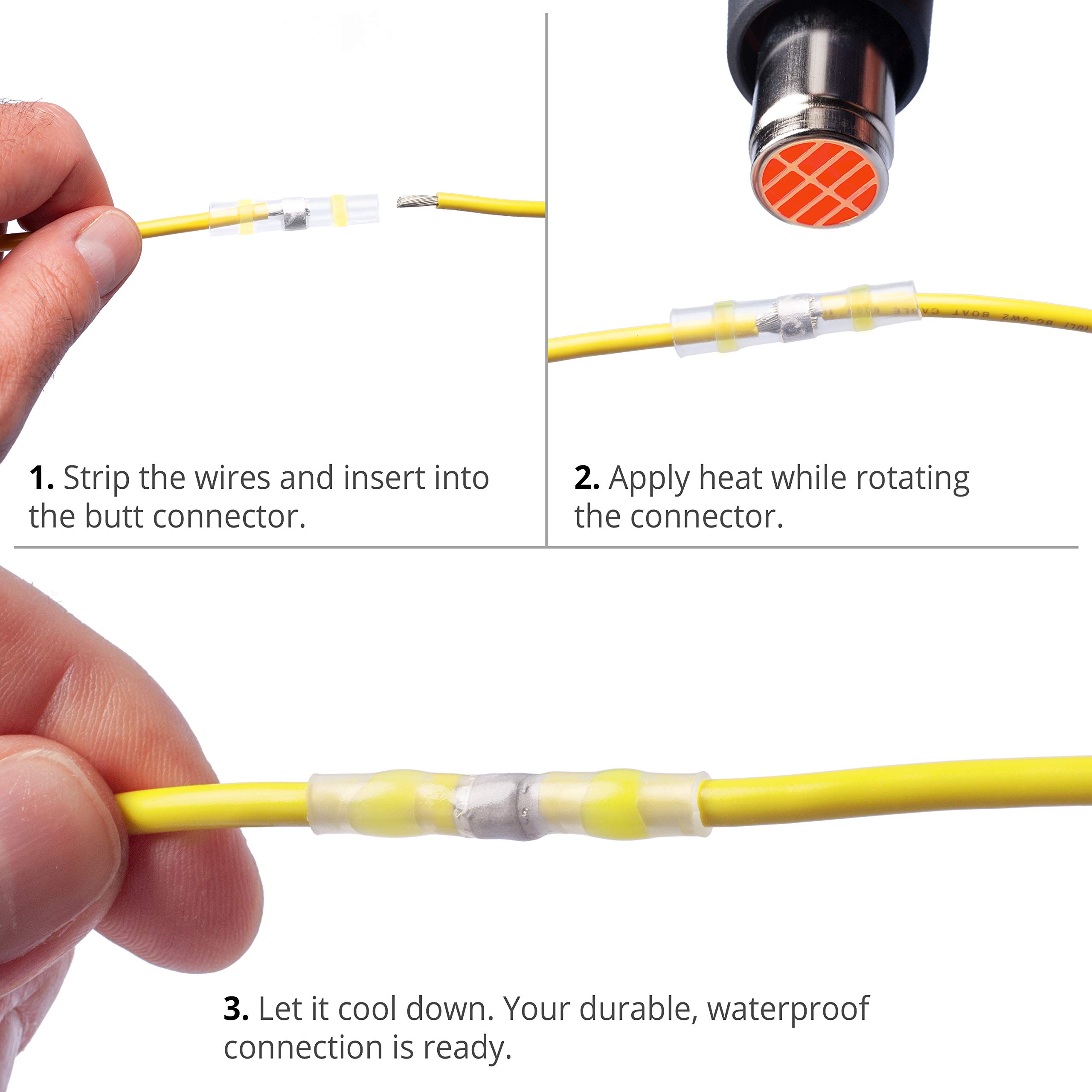 Wirefy 100 PCS Heat Shrink Solder Seal Wire Connectors - Waterproof Self-Soldering Butt Connectors for 12-10 AWG Wires (Yellow) - Ideal for Automotive, Marine & Electrical Repairs