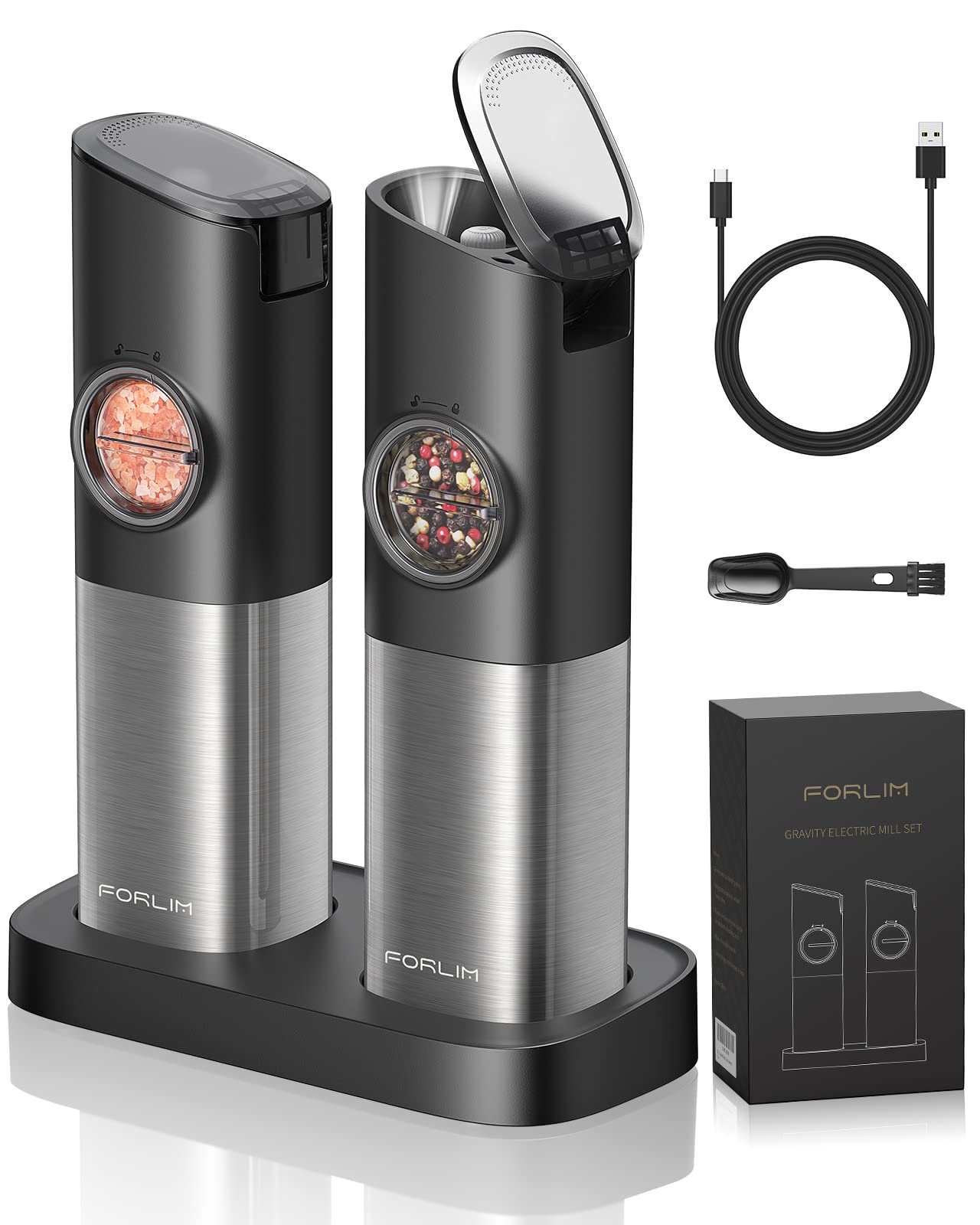 FORLIM Gravity Electric Salt and Pepper Grinder Set - USB Rechargeable, Adjustable Coarseness, Large Capacity, One-Hand Operation with LED Light (Stainless Steel Grey) - Perfect for Kitchen, Dining Table, Camping & Travel