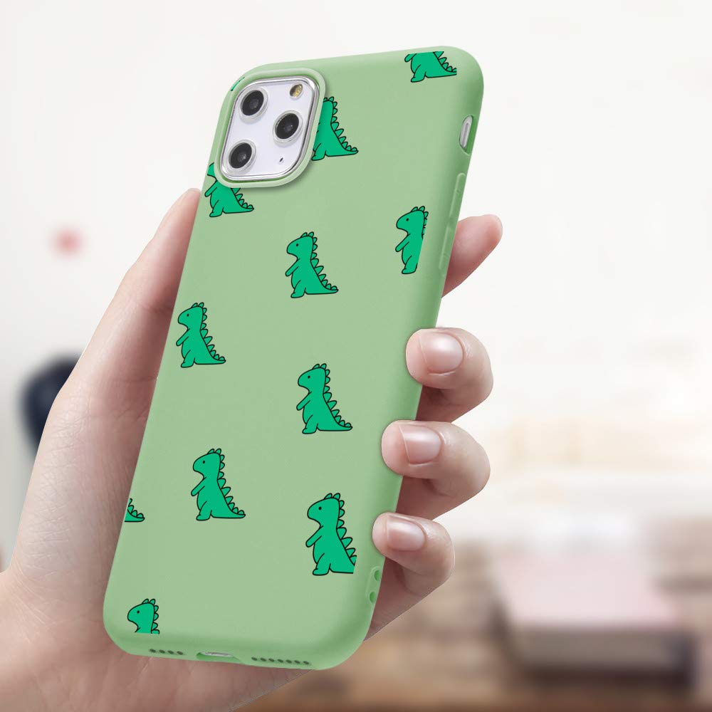 Durable Soft Liquid Silicone Rubber Phone Case for iPhone 11 - Cute Dinosaur Pattern, Mustard Green with Microfiber Lining | Shockproof Protective Cover for Everyday Use, Work & Travel