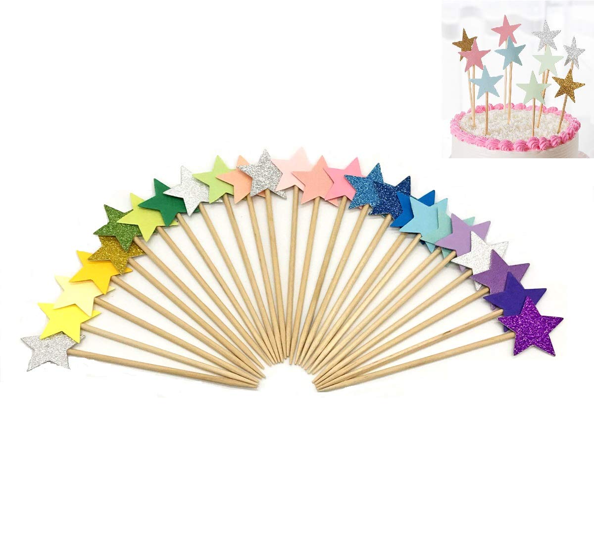 50 Pcs Multicolor Star Cupcake Toppers - Glitter Twinkle Little Star Cake Decorations for Birthday, Wedding & Party - Perfect for Baby Showers, Christmas, New Year & Holiday Celebrations