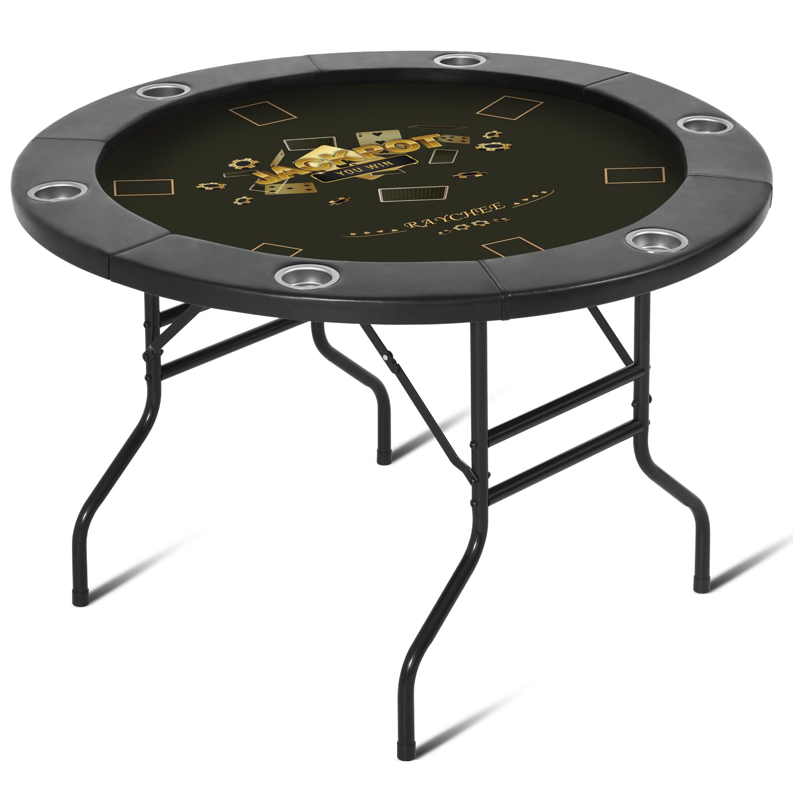 Foldable Round Poker Table for 6 Players - Portable Texas Holdem Casino Game Table with Water-Resistant Cushioned Rail & Stainless Steel Cup Holders (Black) - Perfect for Home Games, Casino Nights, and Poker Parties