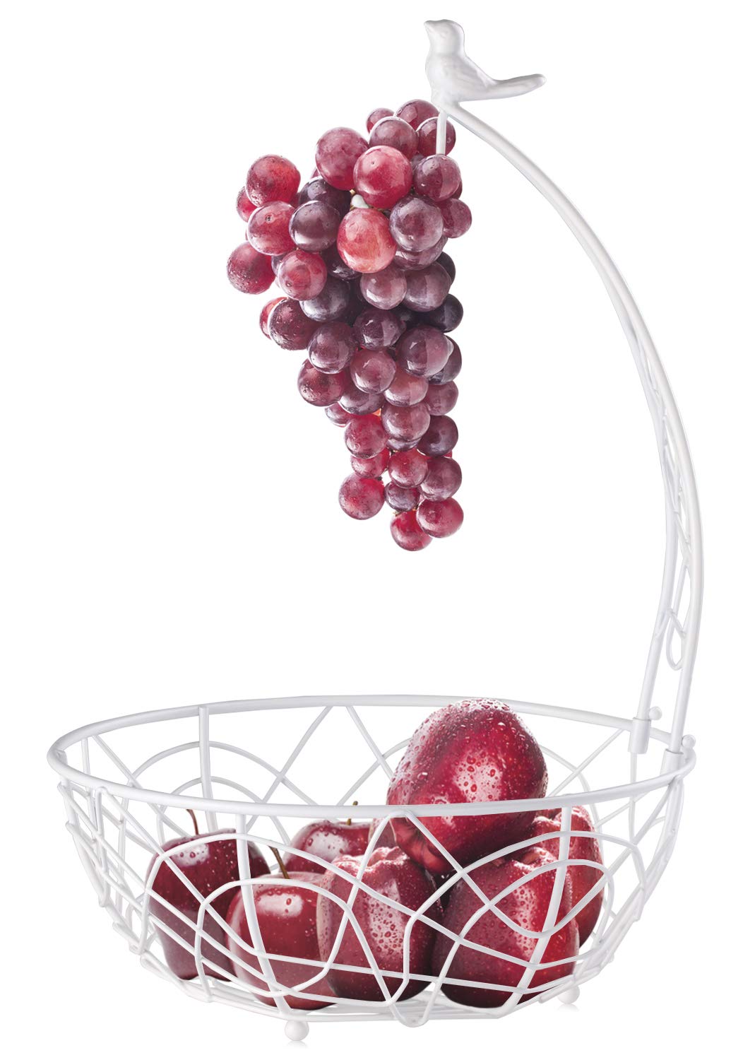 Modern White Fruit Basket Bowl with Banana Hanger - Elegant Bird Design Kitchen Countertop Organizer - Decorative Display Stand for Dining Room & Home Decor - Perfect for Fresh Fruit Storage & Tabletop Arrangement