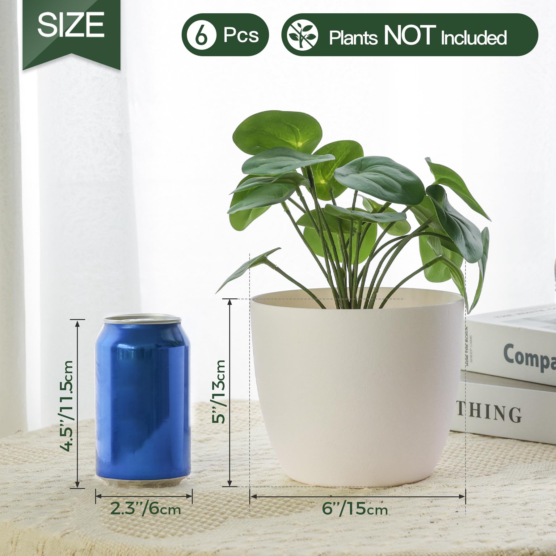 6 Inch Self Watering Planters - Set of 6 Modern White Plastic Flower Pots for Indoor Plants, Herbs, Succulents & African Violets | Decorative Window Box Planter for Home, Office & Garden Decor