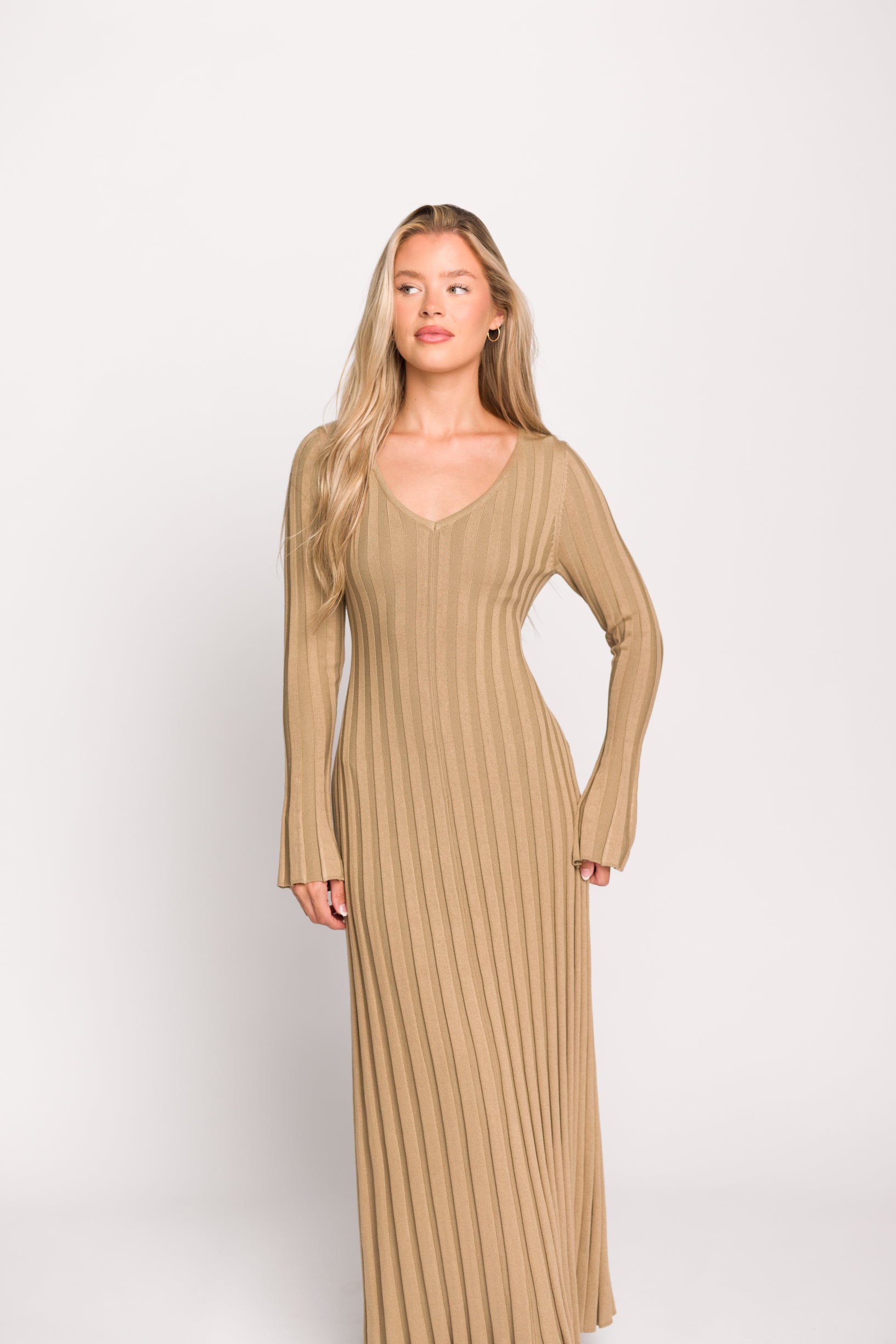 Hadley Long Sleeve V Neck Knit Maxi Dress for Women - Elegant Espresso Brown Fall/Winter Midi Dress with Side Slits | Perfect for Office, Date Night & Holiday Parties