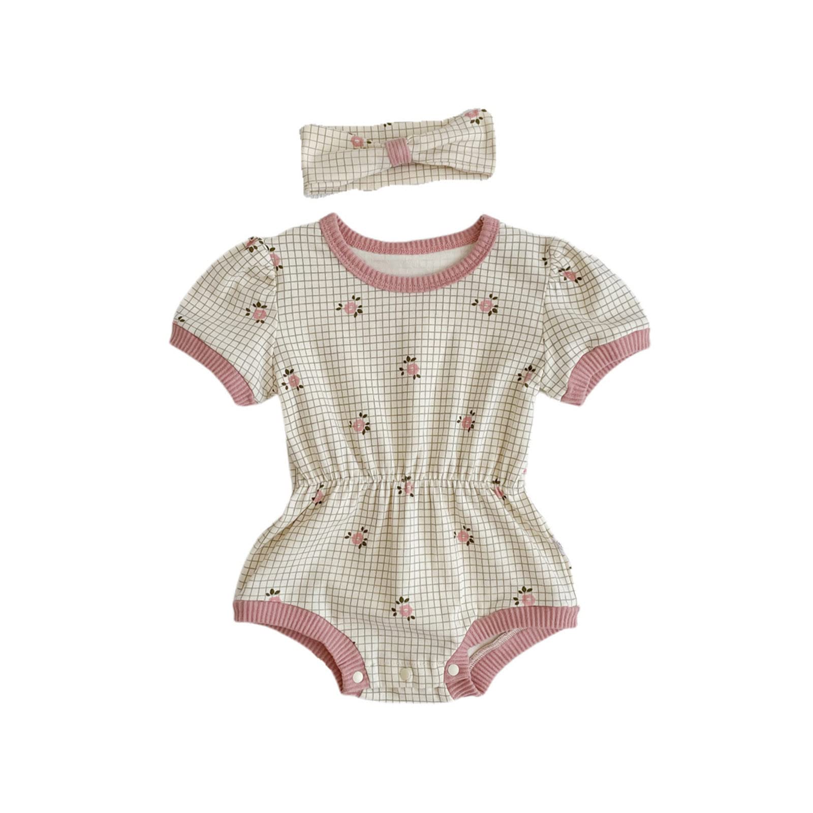 Baby Boys Girls Short Sleeve Plaid Floral Romper Outfit Set with Headbands - Newborn Infant Family Matching Clothes for Photo Shoots, Birthday Parties & Daily Wear