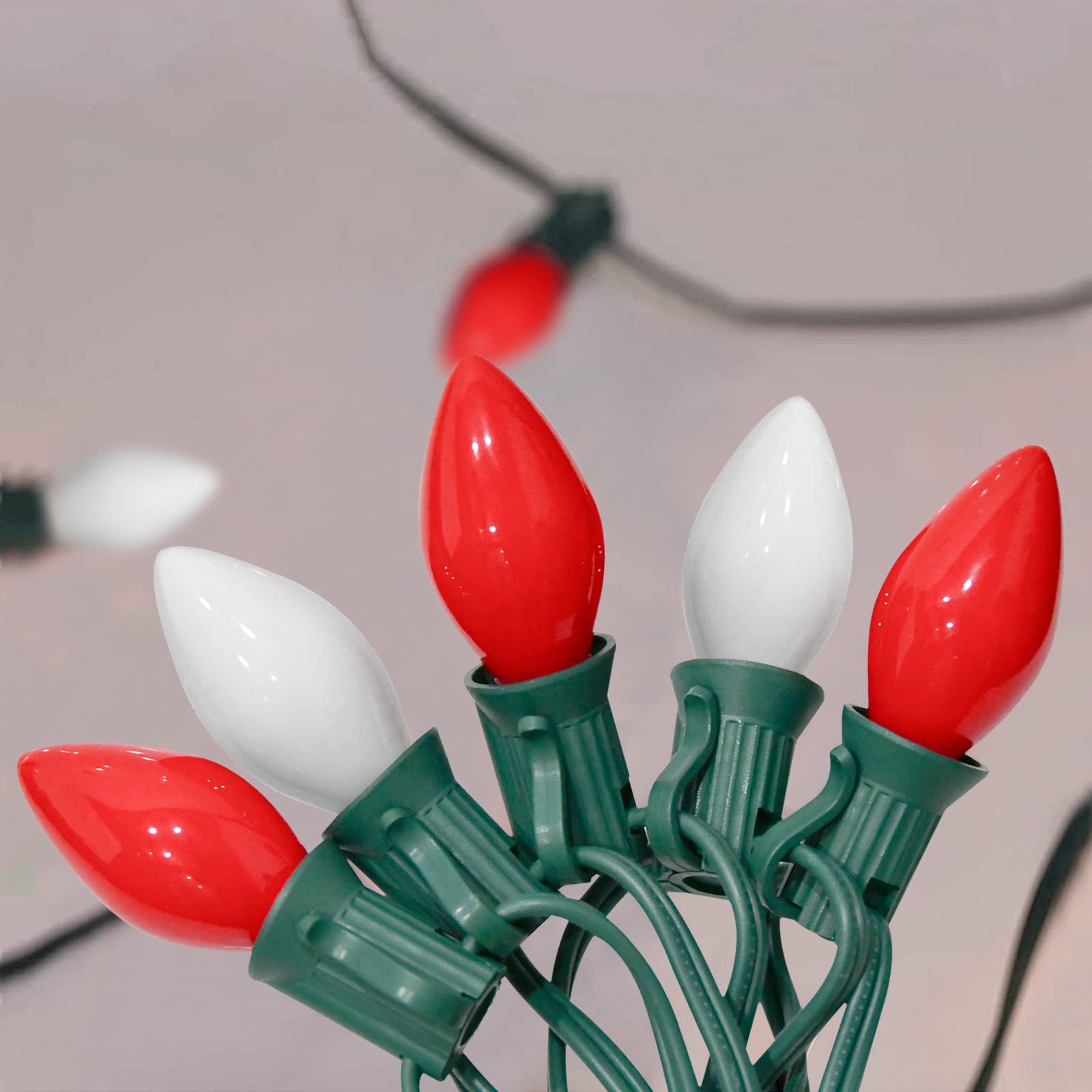 Vintage C7 Christmas Lights Outdoor 25Ft - Red and White Ceramic Incandescent Bulbs (27 Count) for Holiday Decorations, Home, Garden, Patio & Tree | Perfect for Roofline, Party & Indoor/Outdoor Christmas Decor