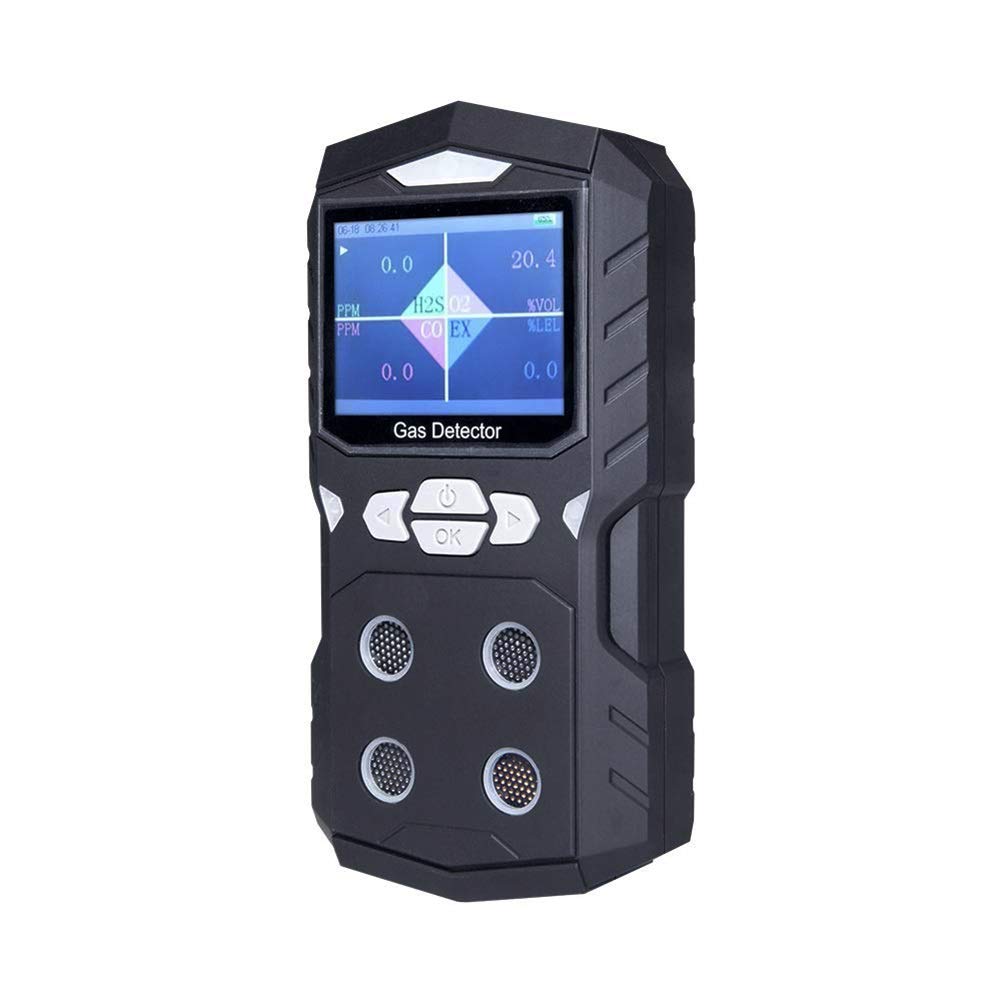 Portable 4-Gas Detector Monitor with High Sensitivity Sensor - Rechargeable 2500mAh Battery & Color Display - Air Quality Analyzer for Home, Industrial and Outdoor Safety (Black) | Leak Detection, Confined Space Monitoring & Workplace Safety