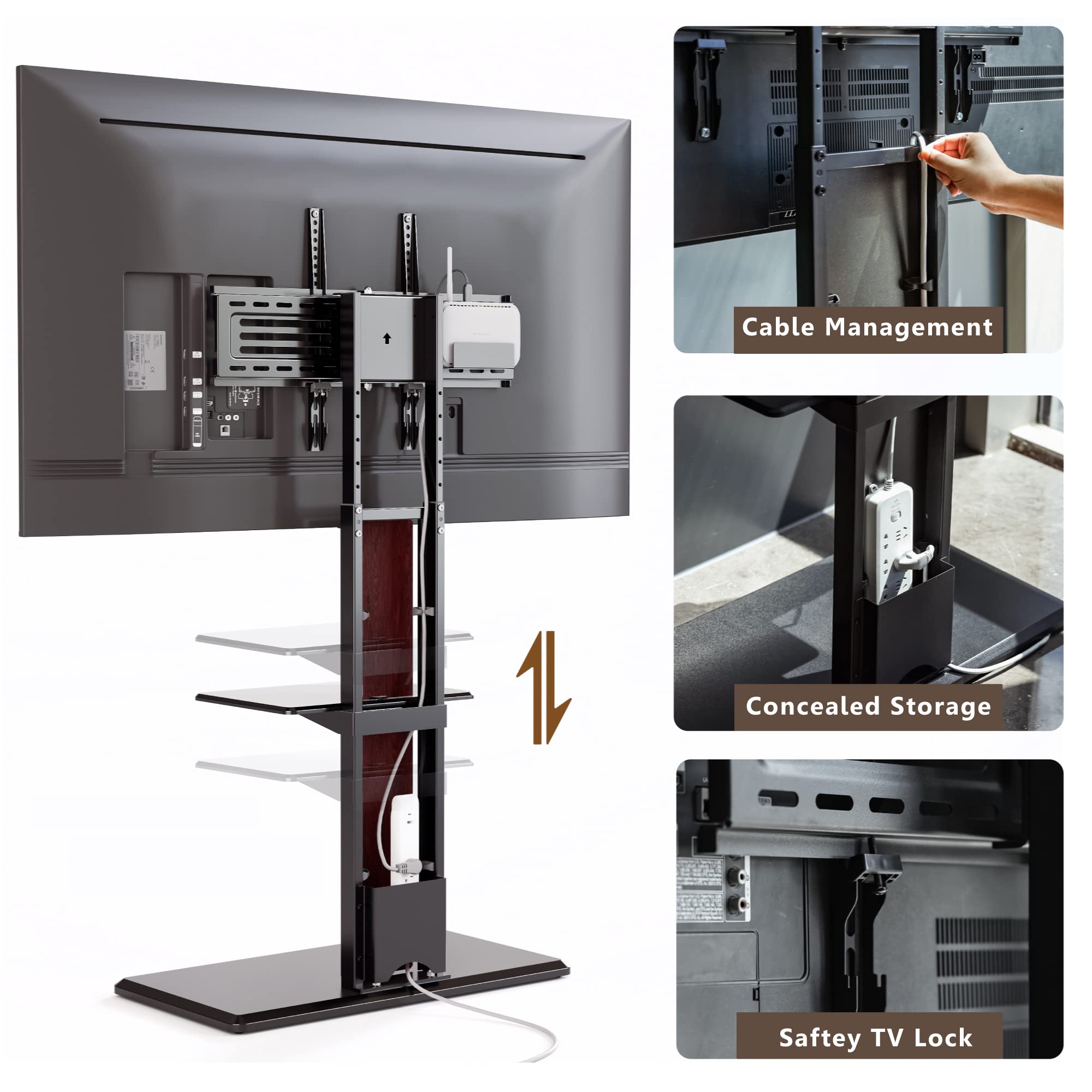 FITUEYES Universal Swivel TV Floor Stand for 32-75 inch TVs - Tall Adjustable Double Column TV Stand with Concealed Storage Shelf - Perfect for Living Room, Bedroom & Home Theater - Black