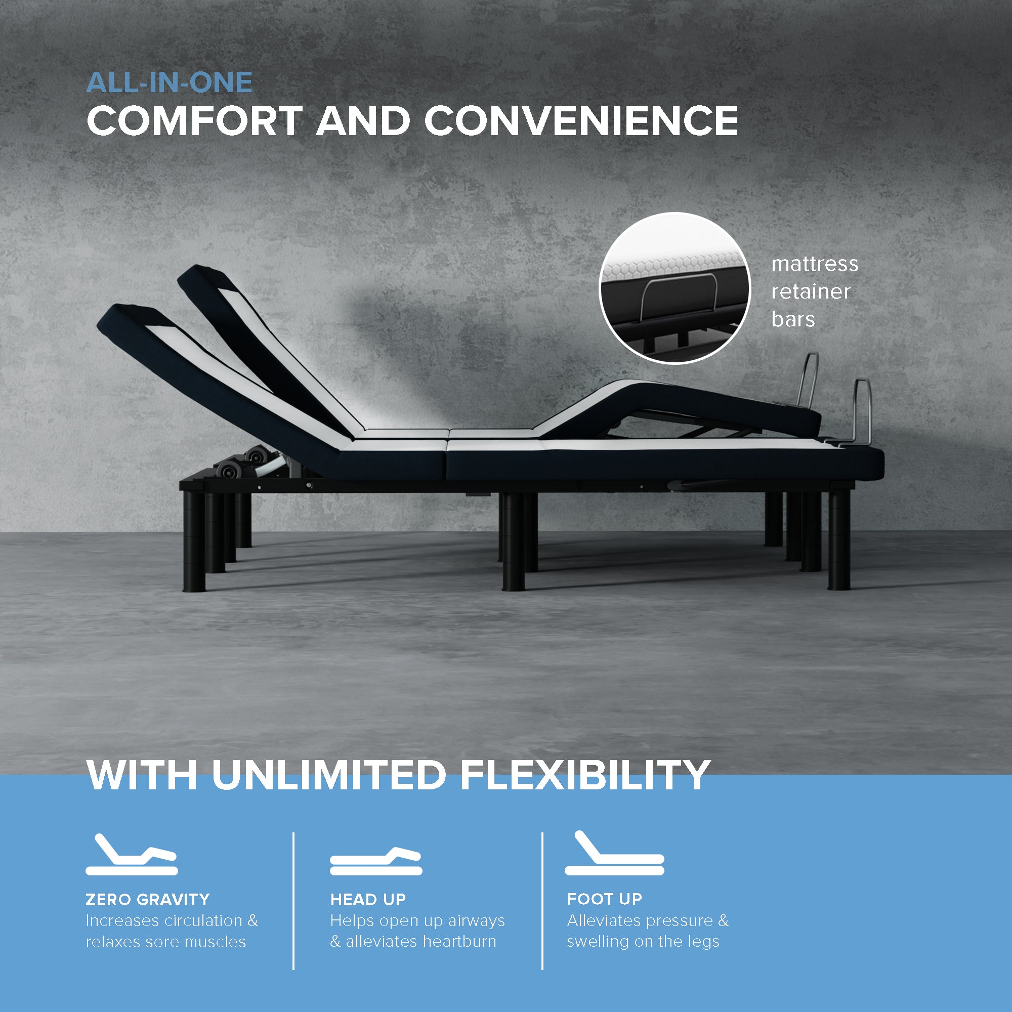 ZZZEN E3 Zero Clearance Adjustable Bed Frame with Wireless Remote - Perfect for Back Pain Relief, Reading & Watching TV in Bed